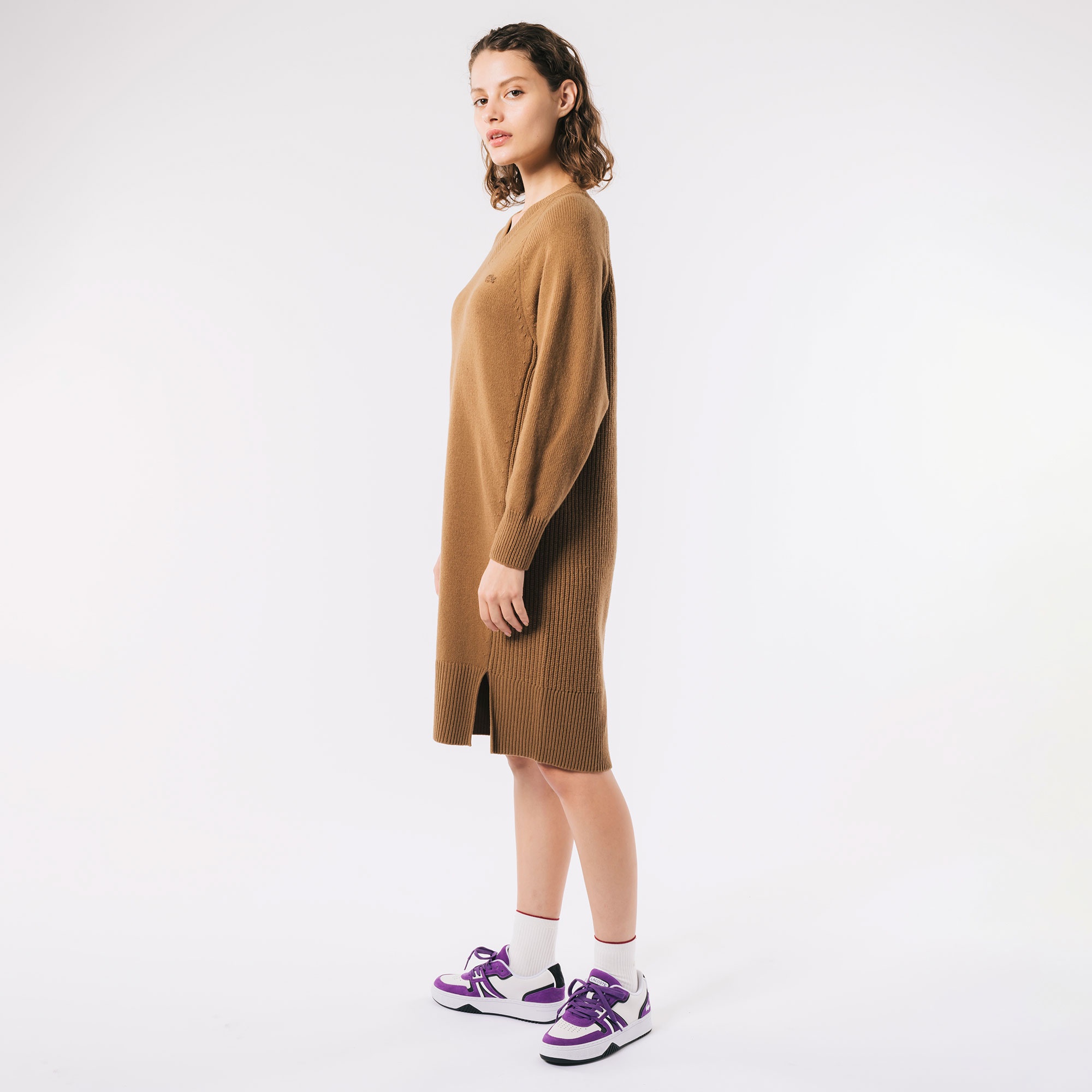 前後切り替えコンビネーションVネックニットドレス