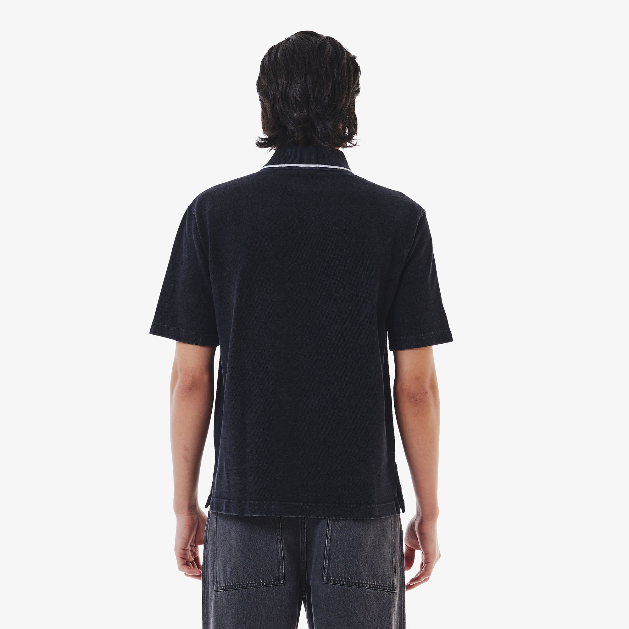 配色リブニットインディゴポロシャツ