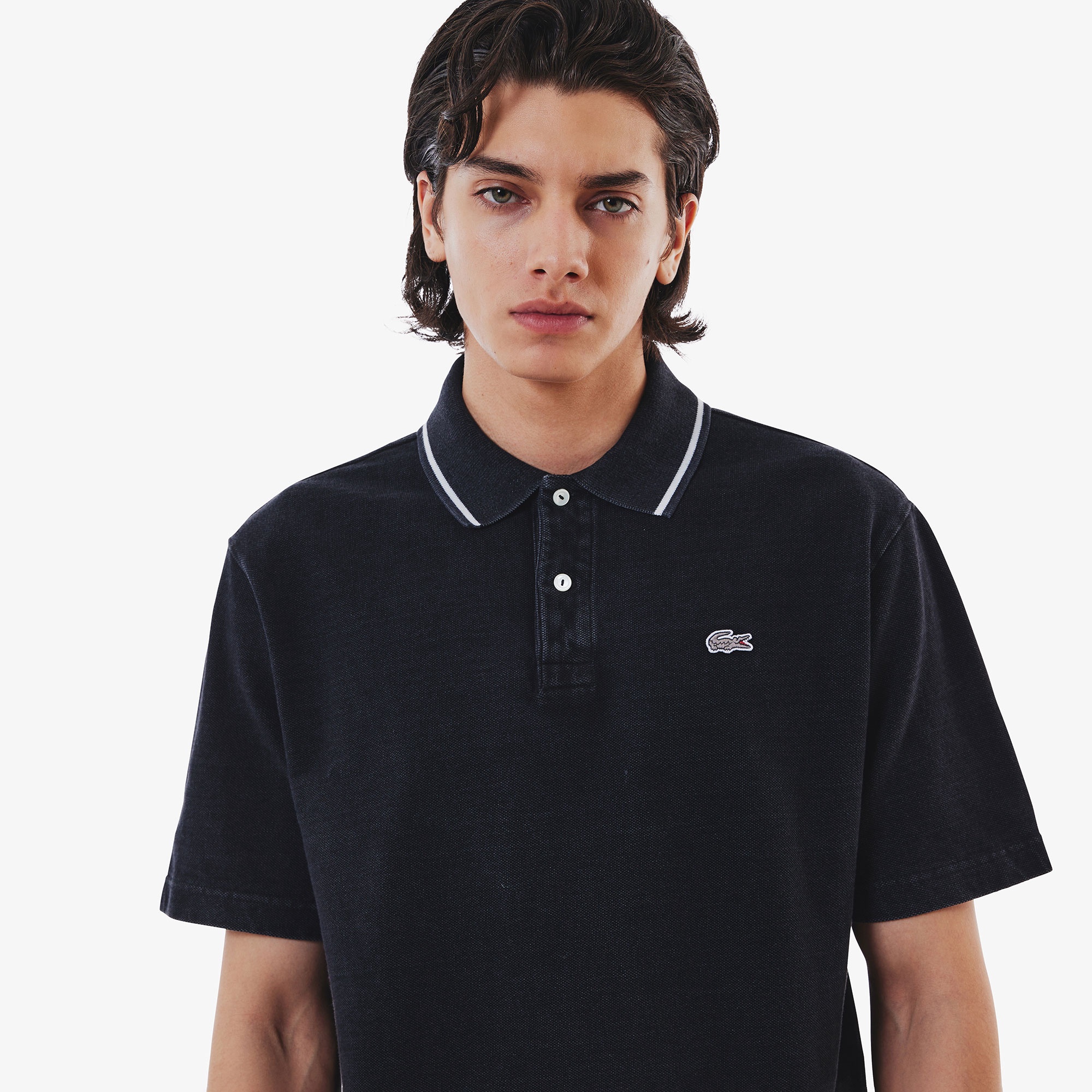 配色リブニットインディゴポロシャツ