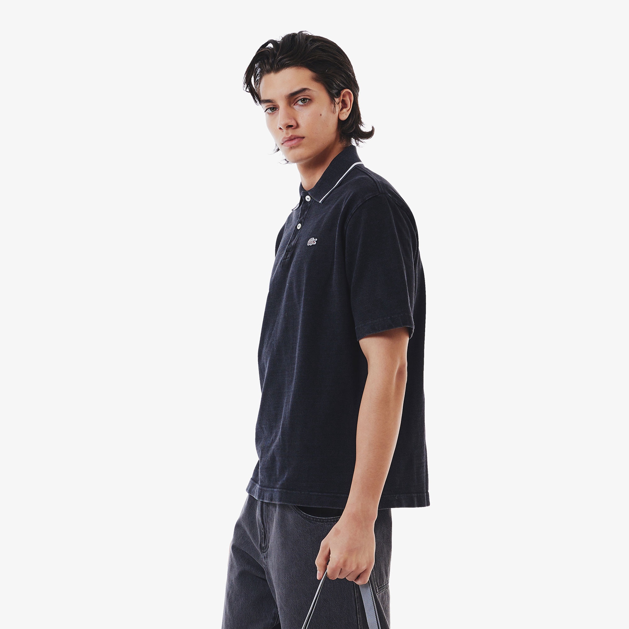 配色リブニットインディゴポロシャツ