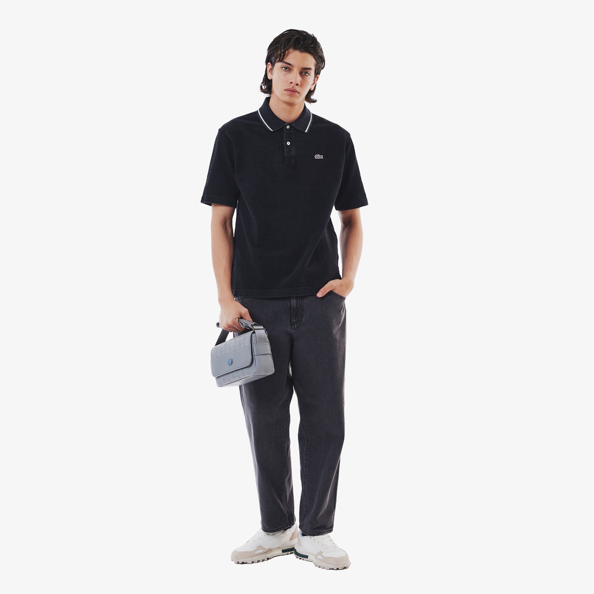 配色リブニットインディゴポロシャツ