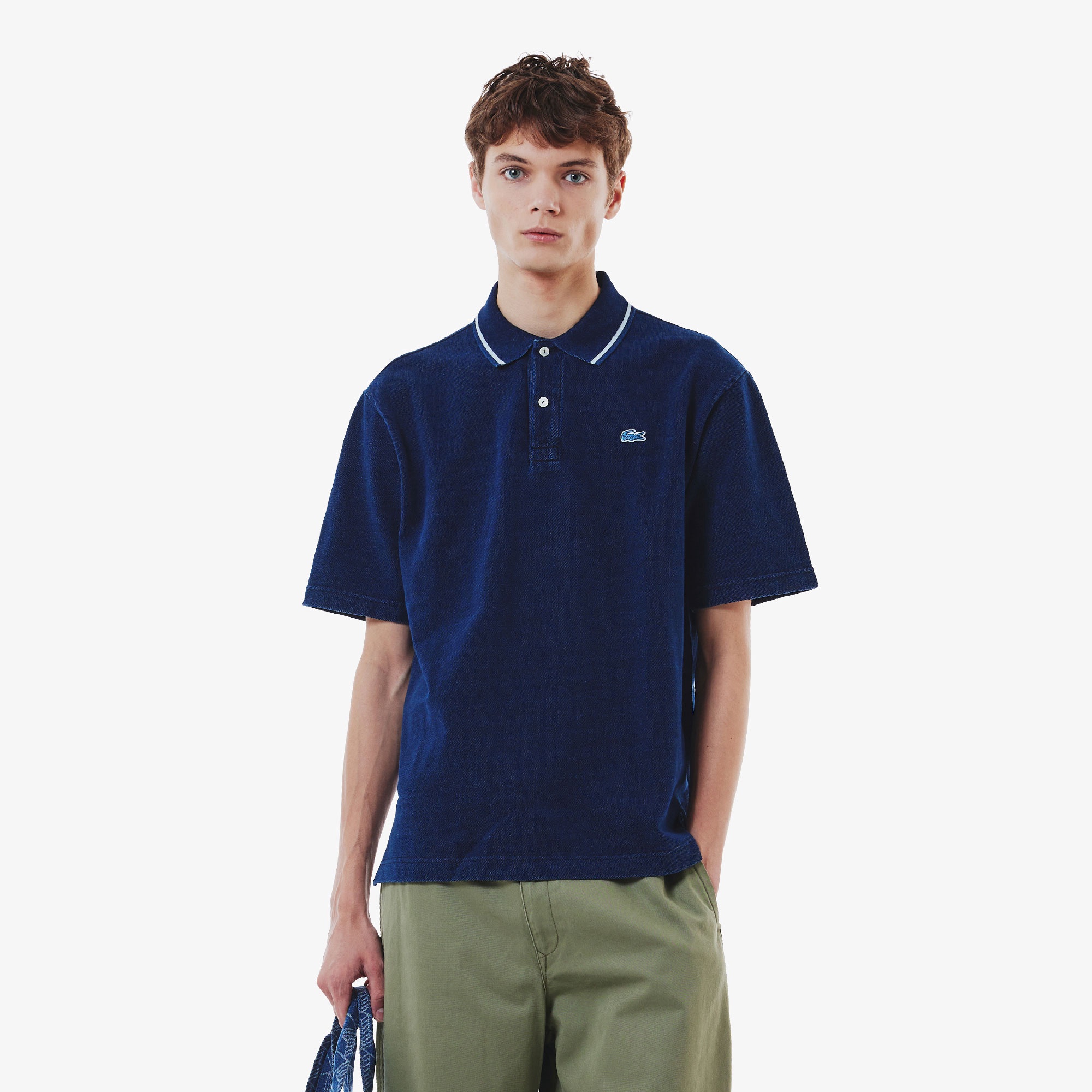 配色リブニットインディゴポロシャツ