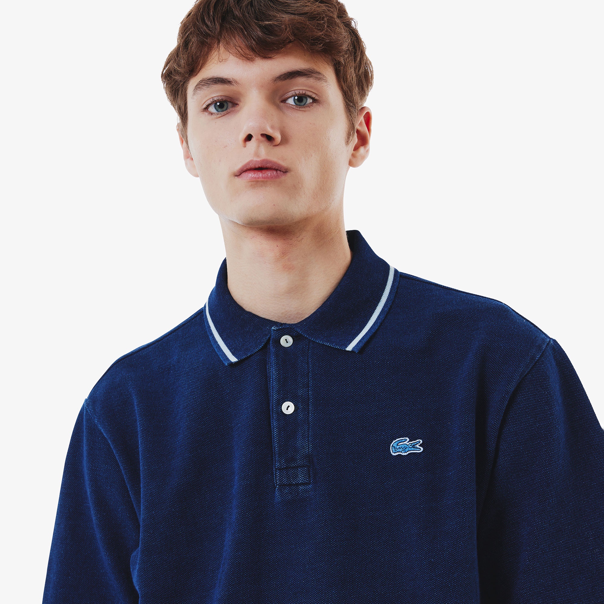 配色リブニットインディゴポロシャツ