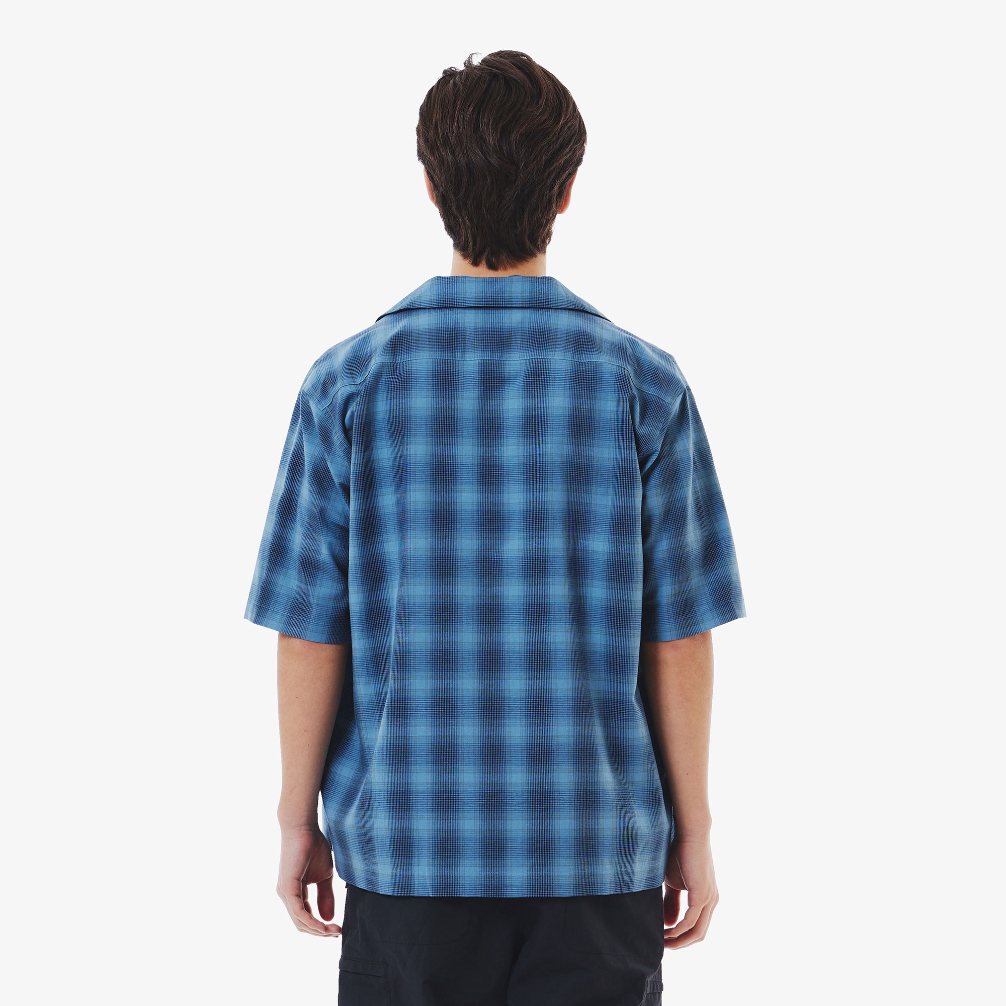 リネンブレンドオープンカラーオンブレチェックシャツ