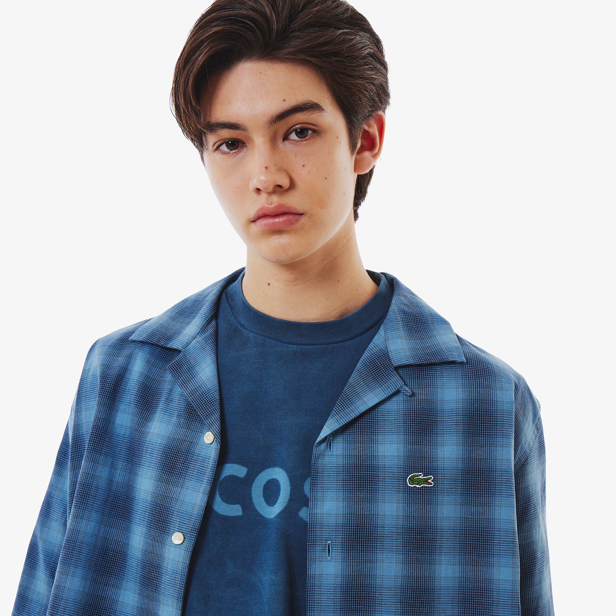 リネンブレンドオープンカラーオンブレチェックシャツ