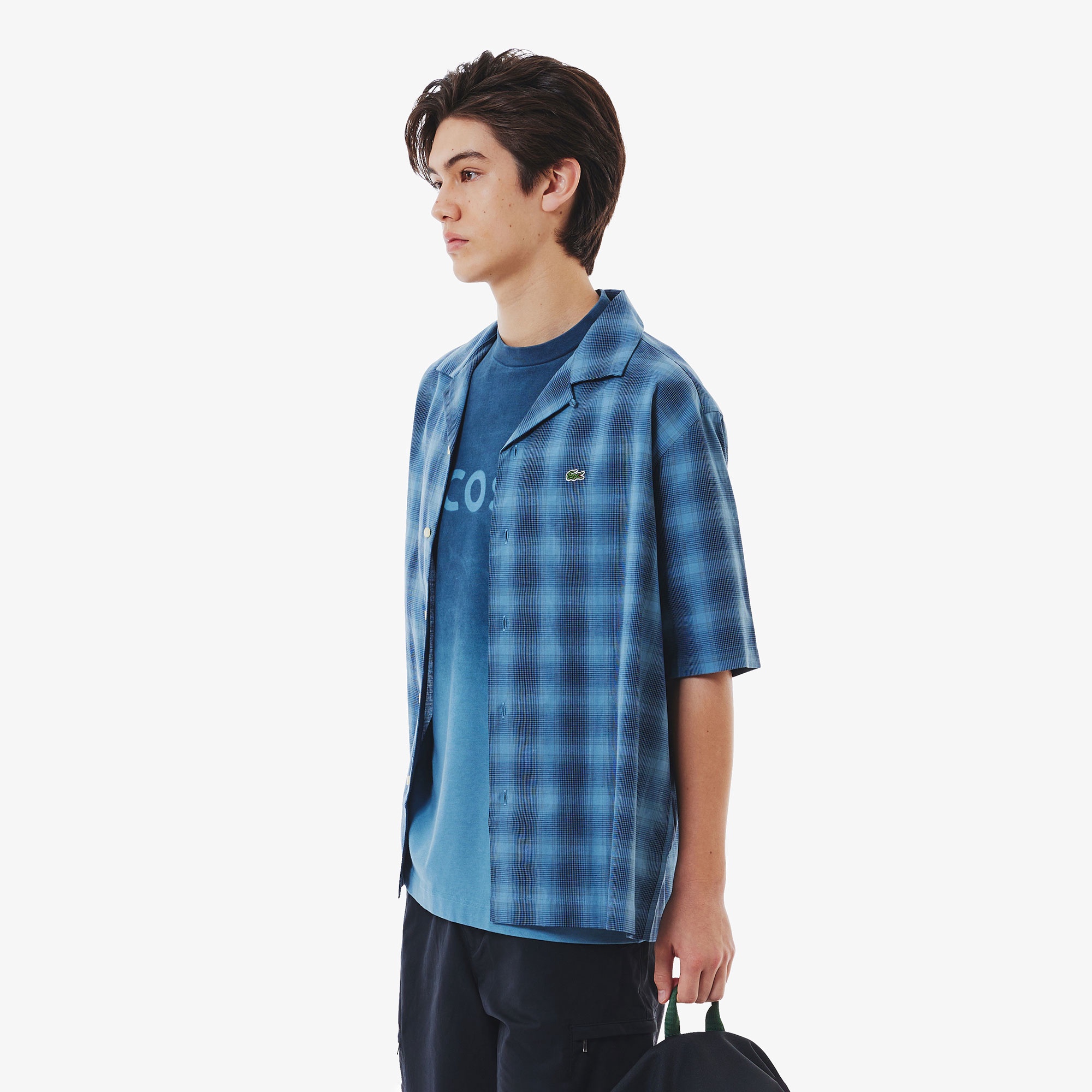 リネンブレンドオープンカラーオンブレチェックシャツ