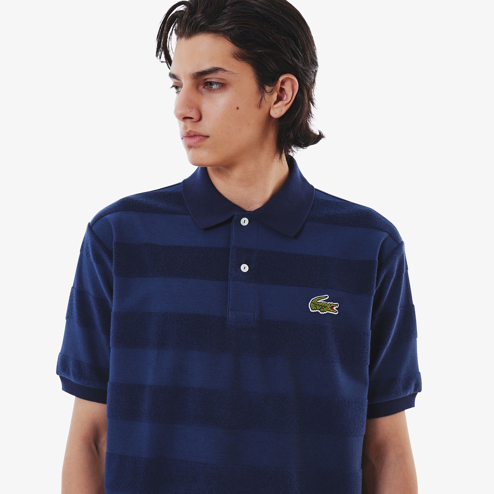 パイル地切り替え同色ボーダーポロシャツ