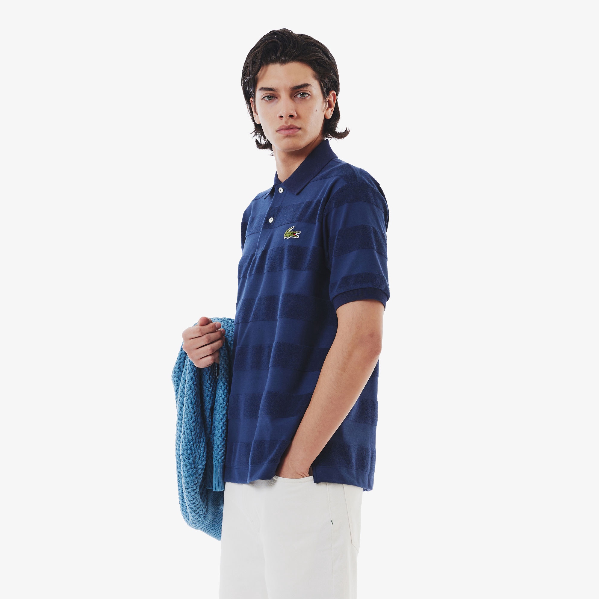 パイル地切り替え同色ボーダーポロシャツ