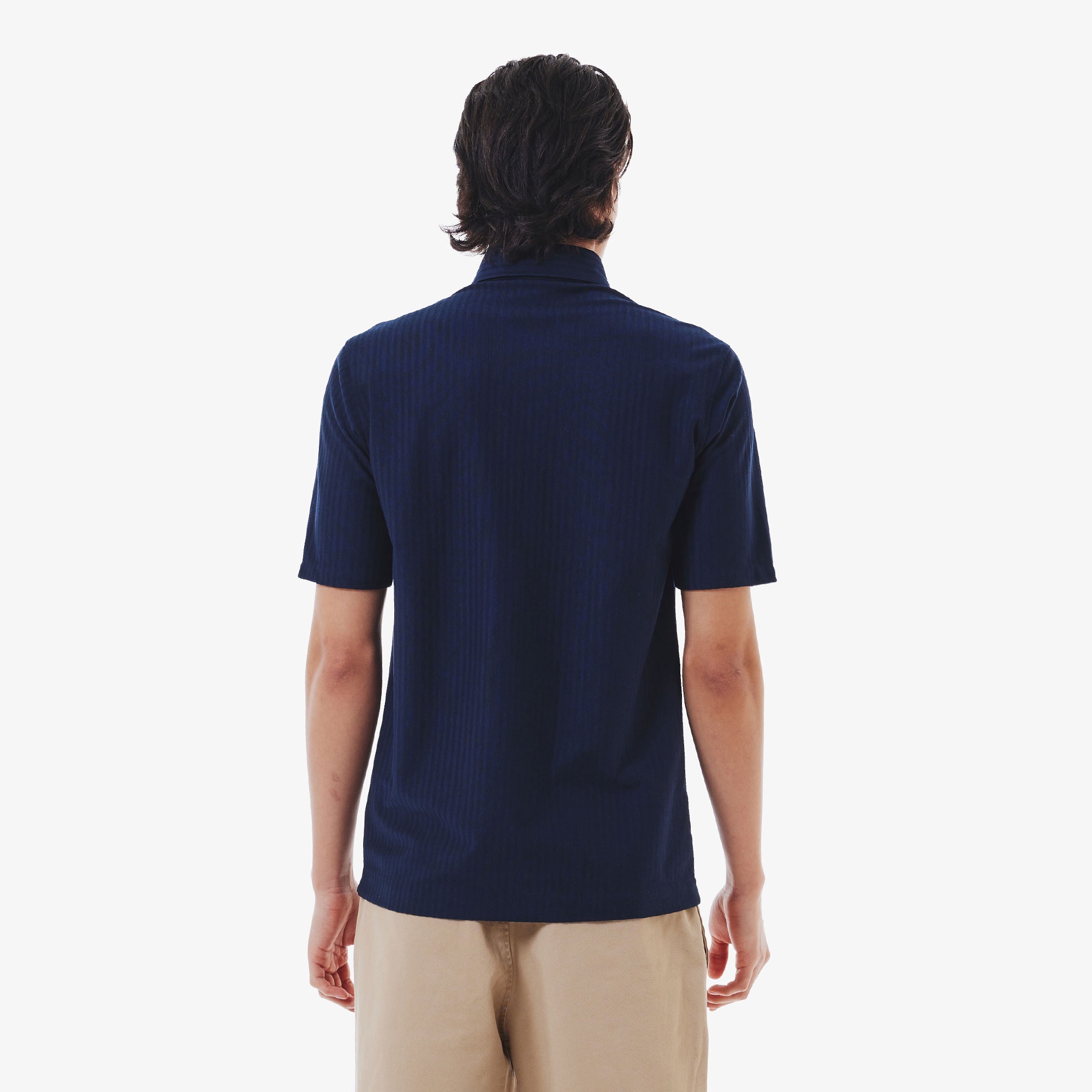 鹿の子地切り替え同色ストライプボタンダウンポロシャツ