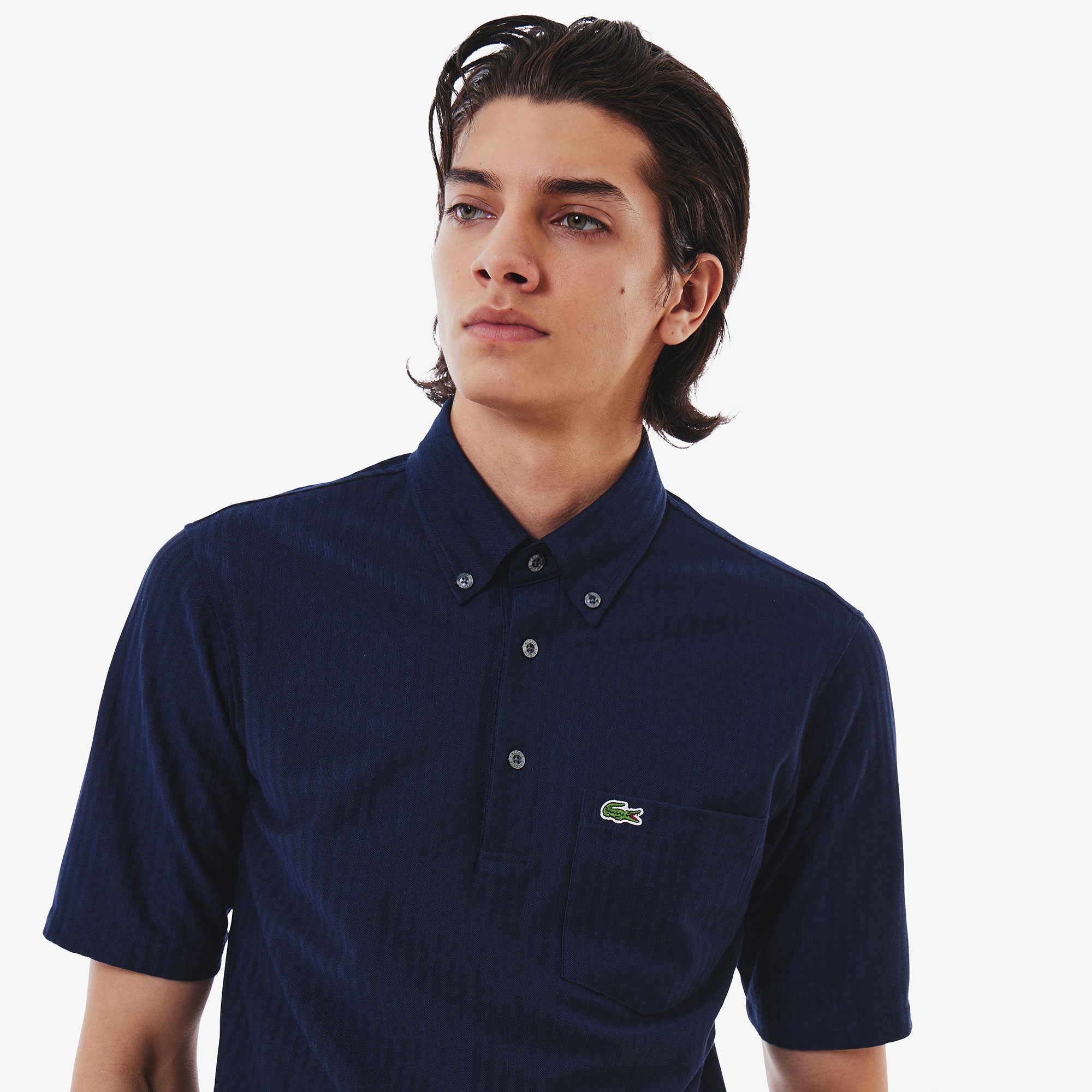 鹿の子地切り替え同色ストライプボタンダウンポロシャツ