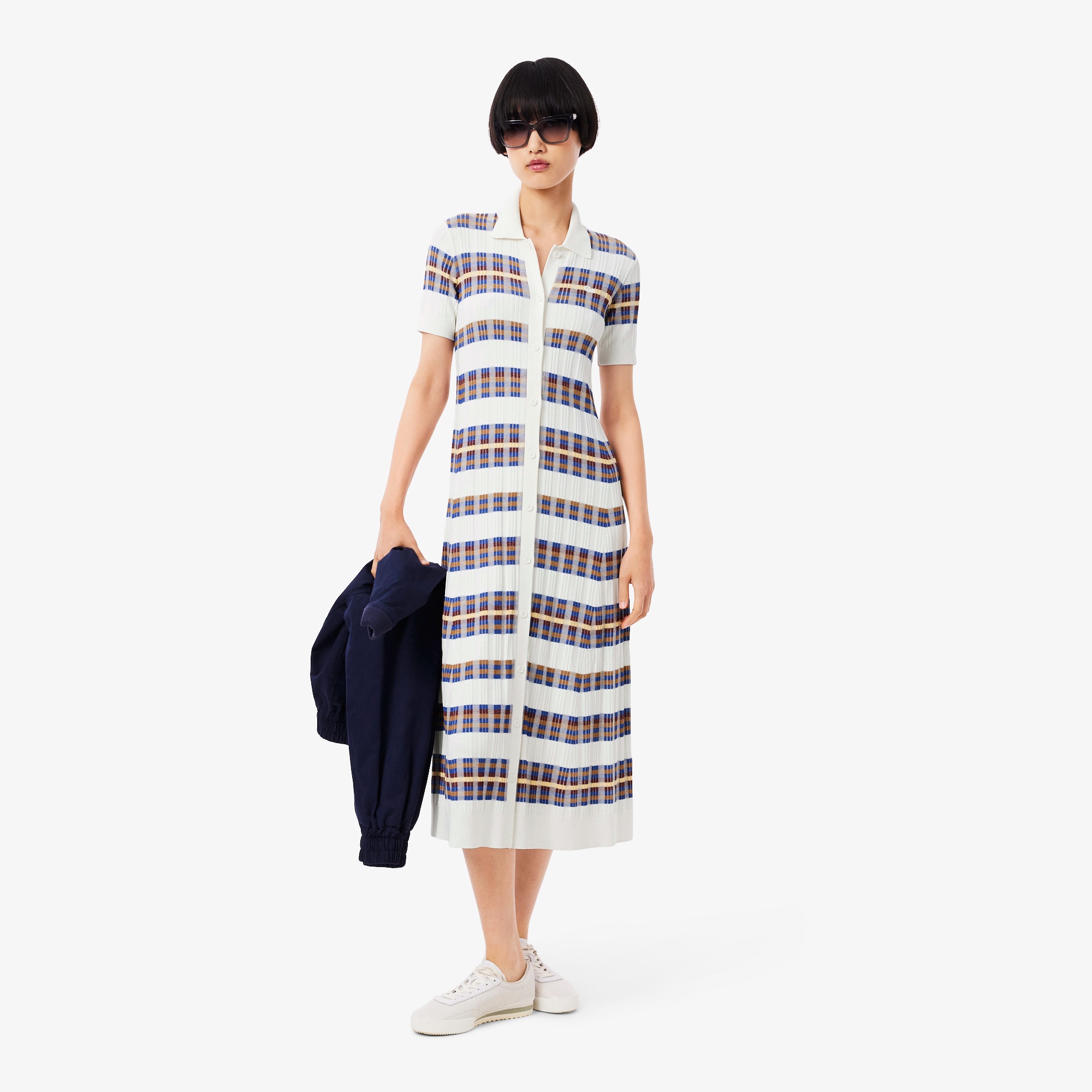 リブニットマルチカラーシャツドレス