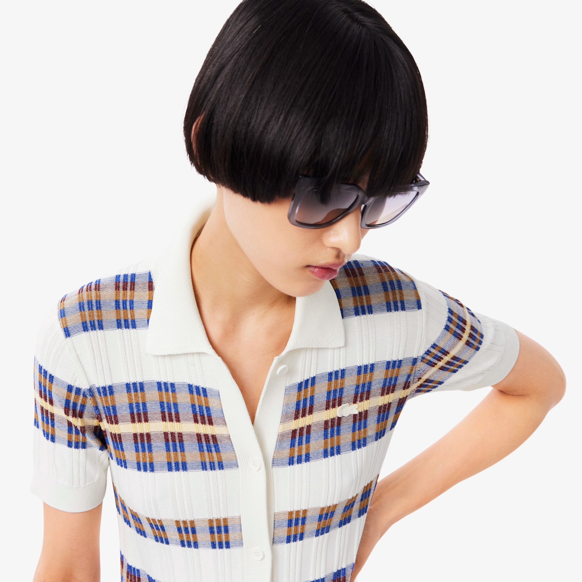 リブニットマルチカラーシャツドレス