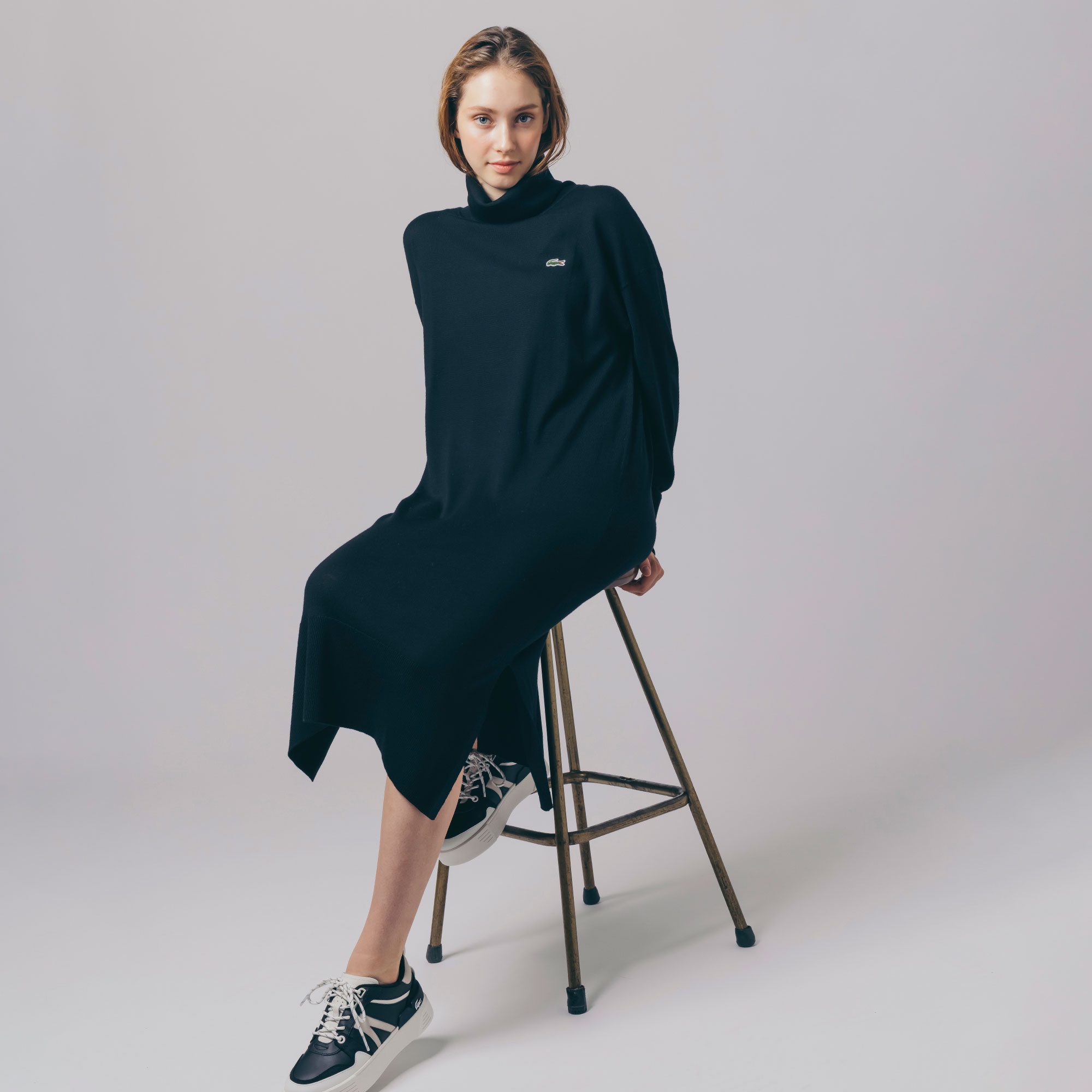 LACOSTE コクーンシルエットタートルネックニットドレス ネイビー 38 ラコステ LACOSTE コクーンシルエットタートルネックニット
