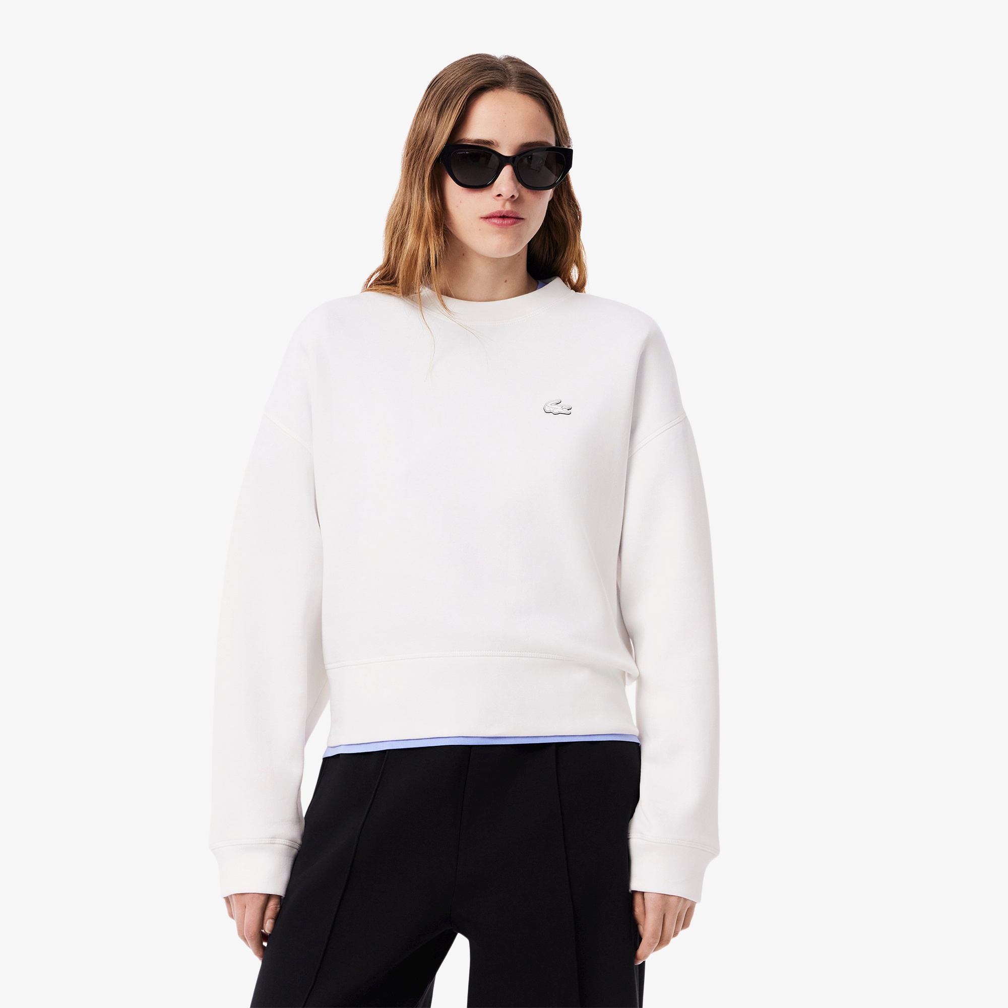 LACOSTE オーバーサイズ ブラック スウェット34 セール】クロップド丈 オーバーサイズクルーネックスウェット