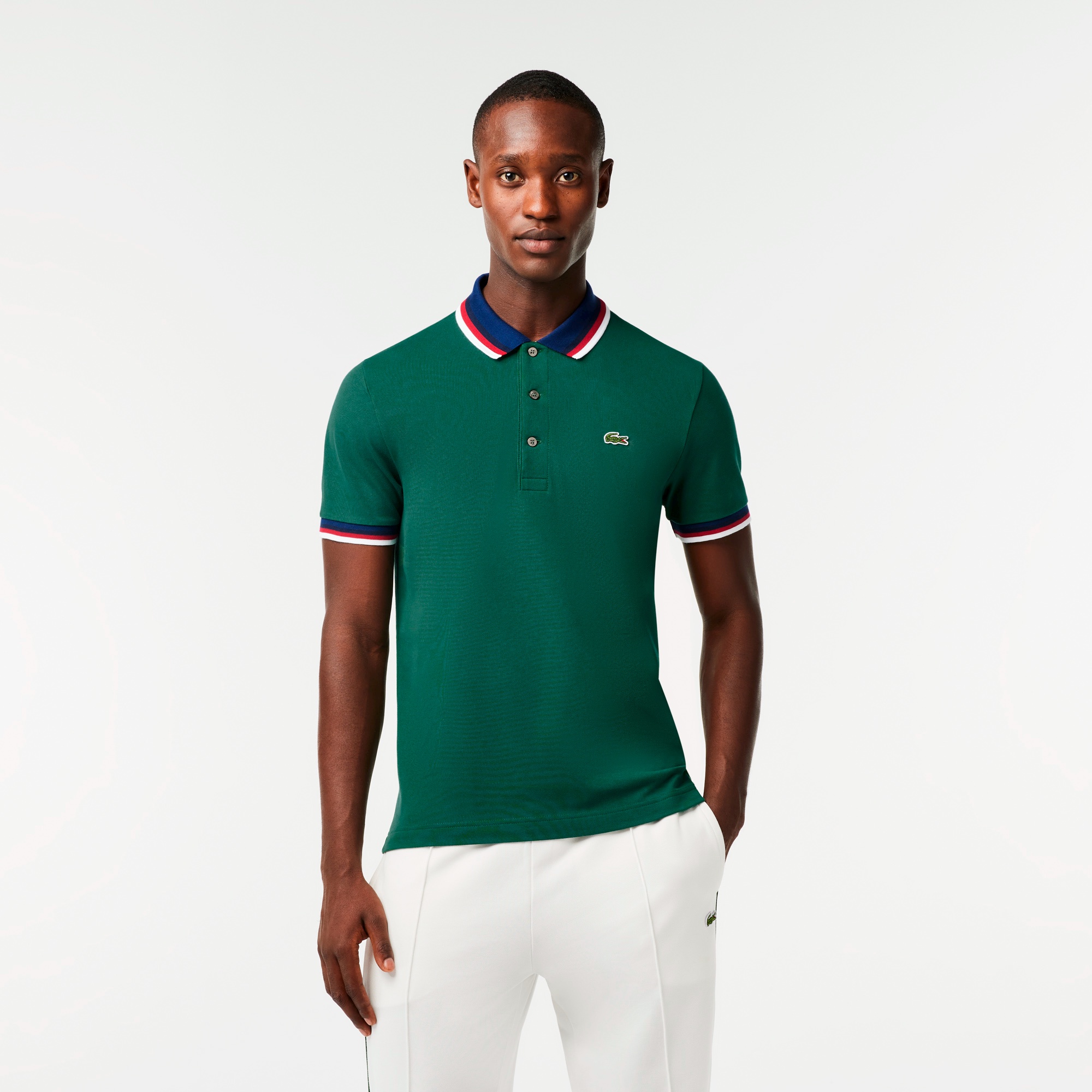 配色ボーダーリブニット鹿の子地ポロシャツ