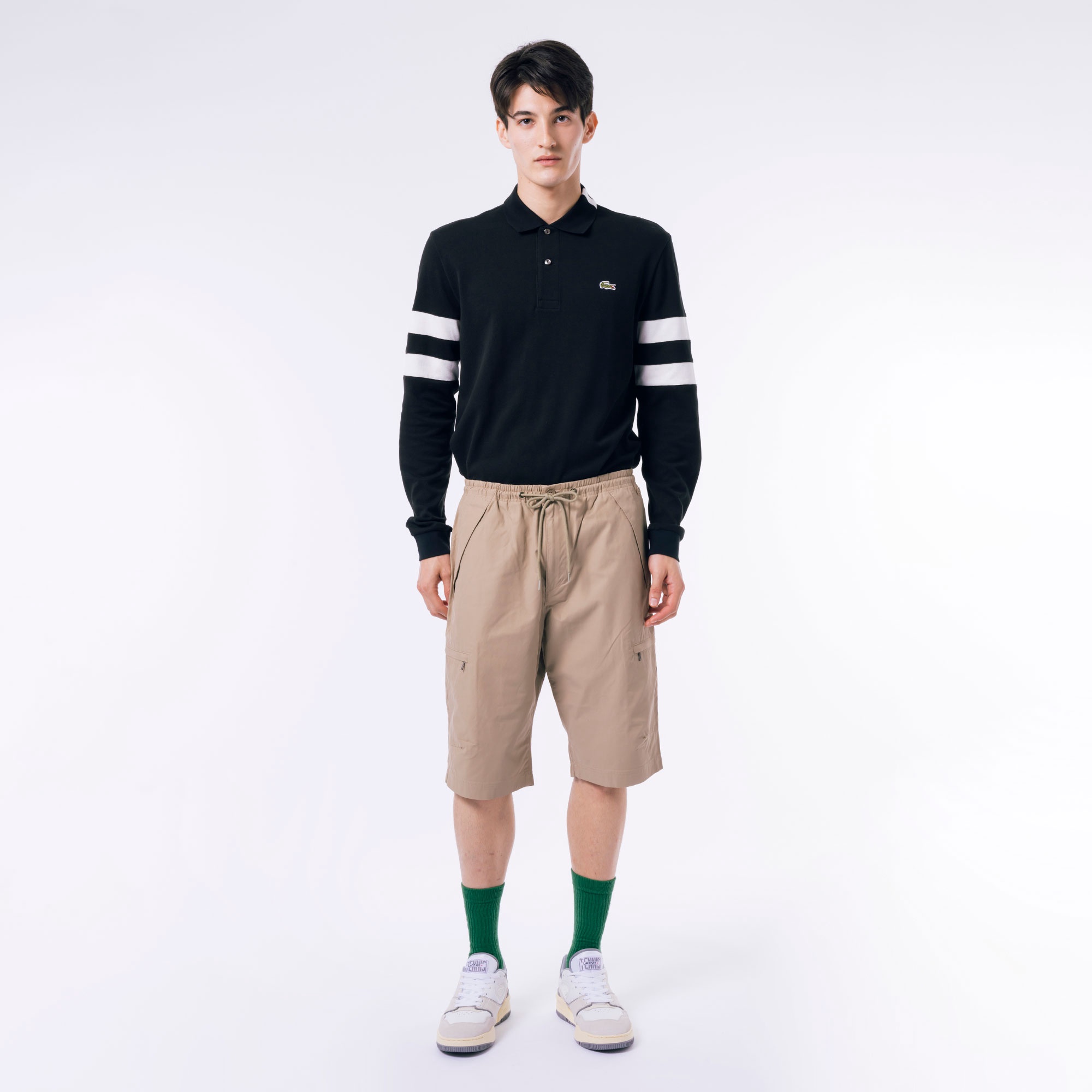 LACOSTE ポロシャツとショーツセット オーガニックコットン ストレッチ鹿の子 配色パイピング比翼