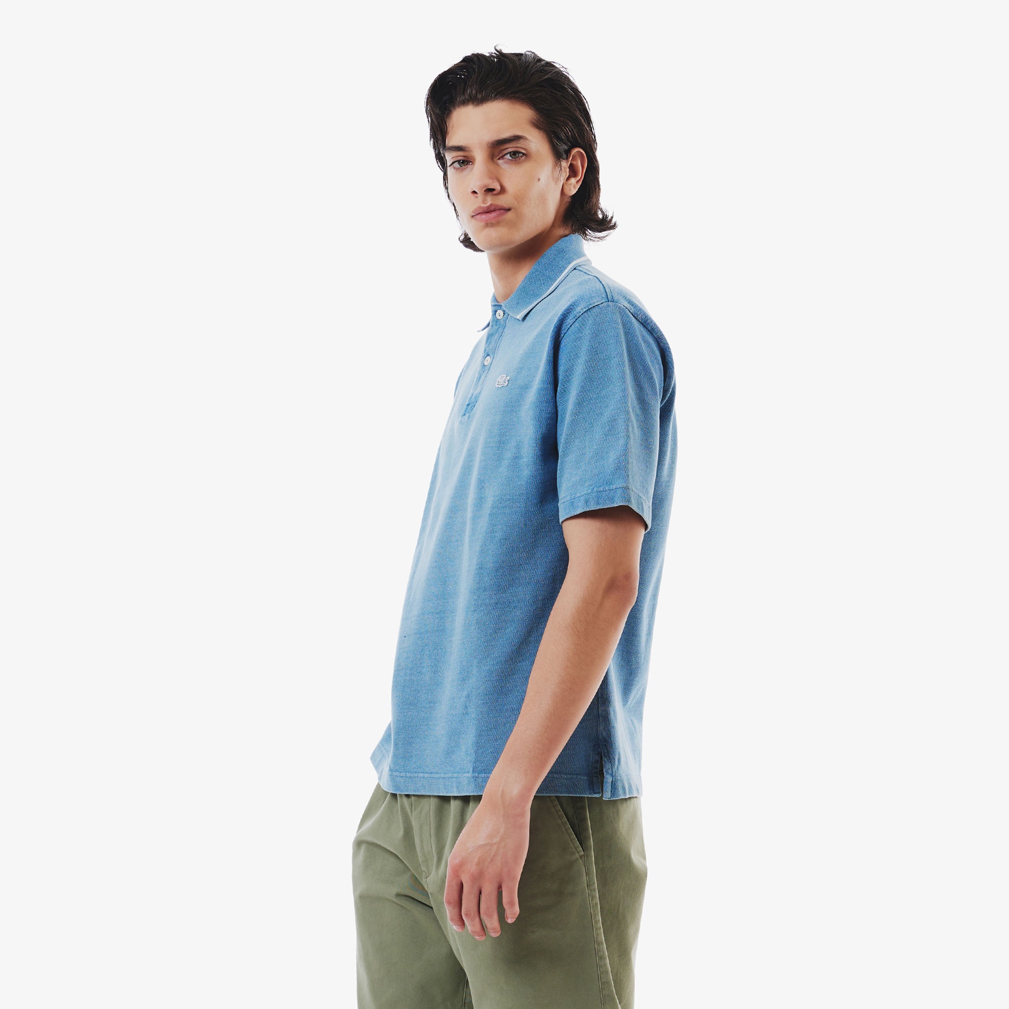 配色リブニットインディゴポロシャツ