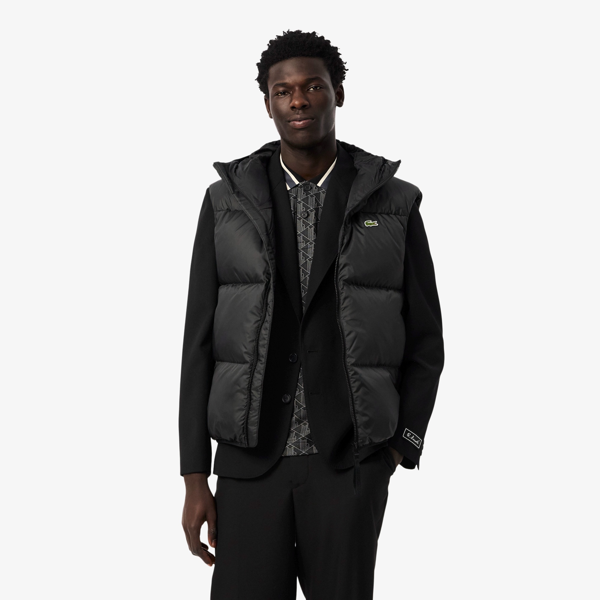 LACOSTE ブラック ダウンベスト US L 撥水 バックステッチダウンベスト ／ スタンドジップダウン