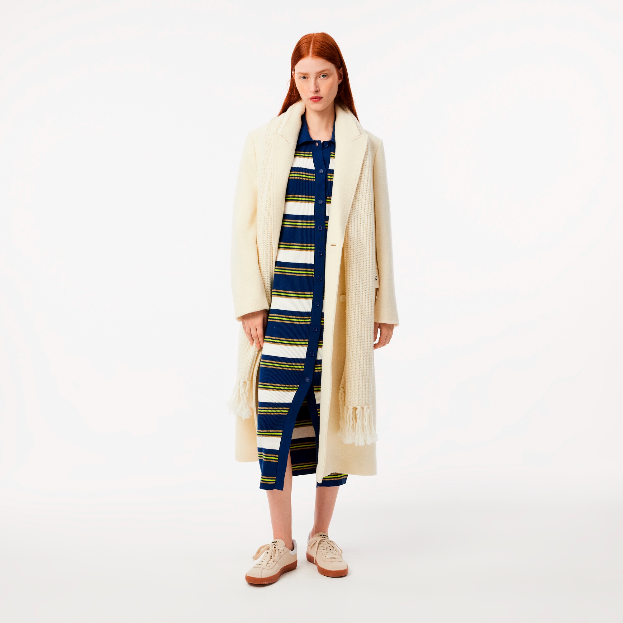 ポロカラーリブニットボーダーシャツドレス