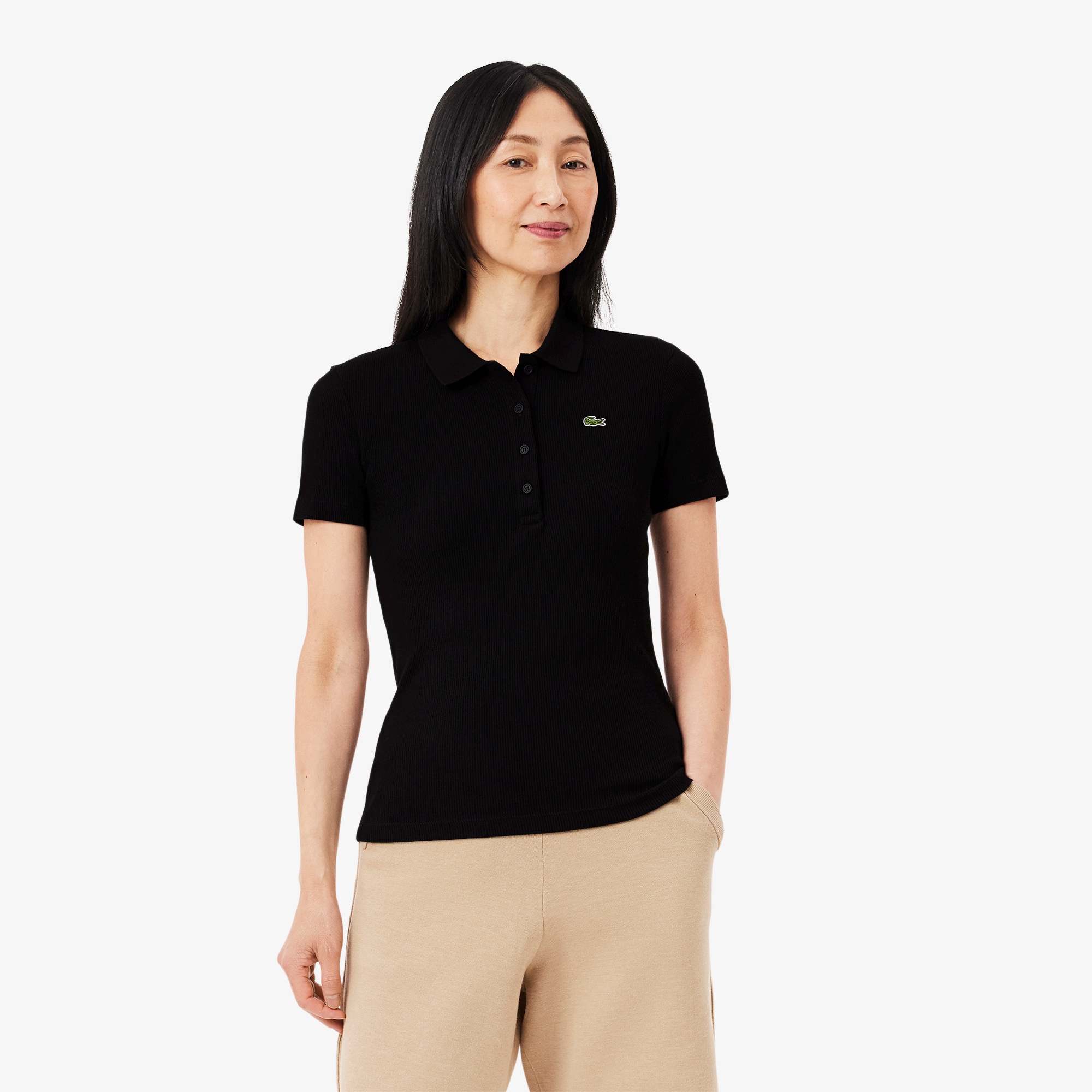 ラコステ【新品】タイトフィットリブニットポロシャツ （ホワイト） ラコステ LACOSTE タイトフィットリブニットポロシャツ （オフ