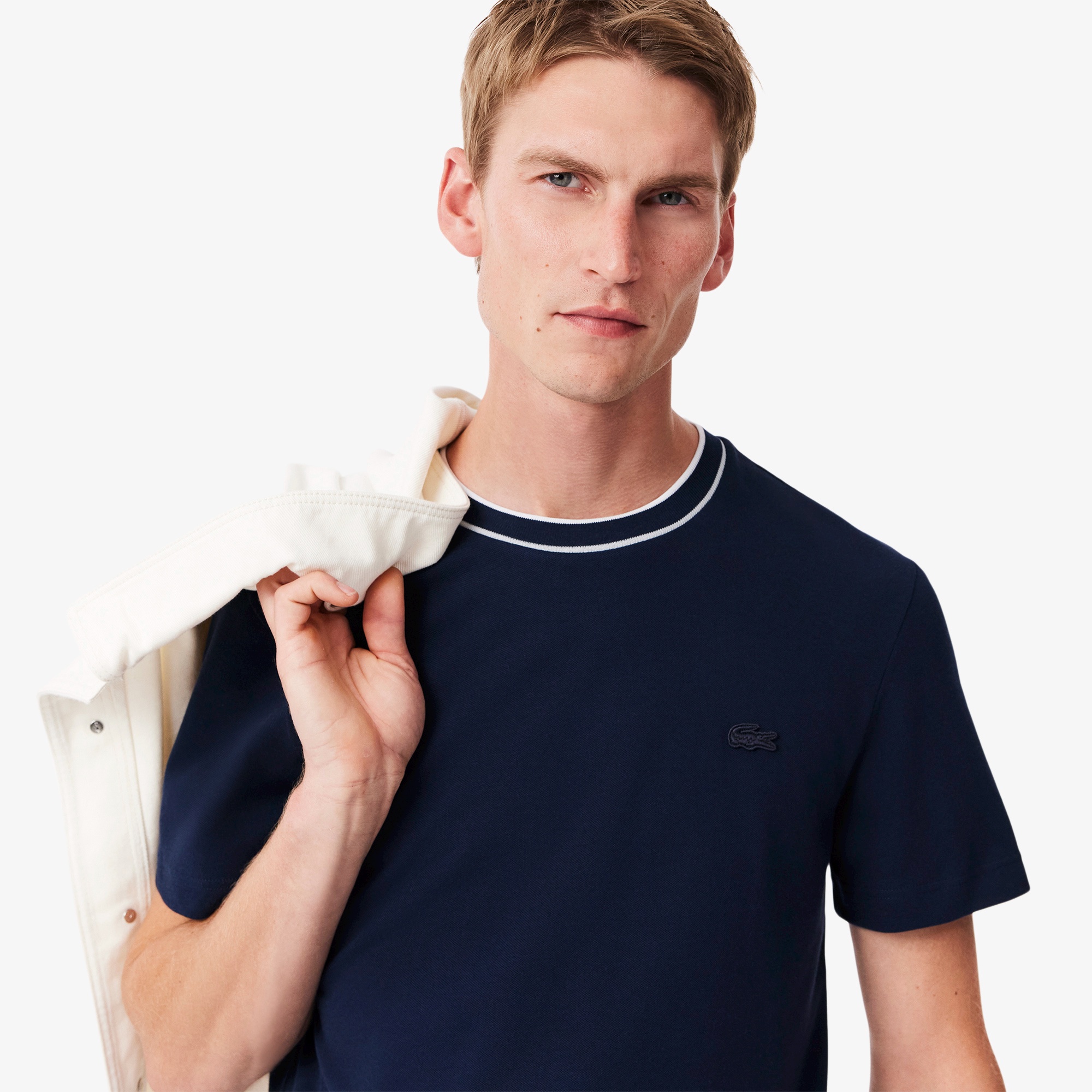 ラインドリブネック鹿の子地Tシャツ