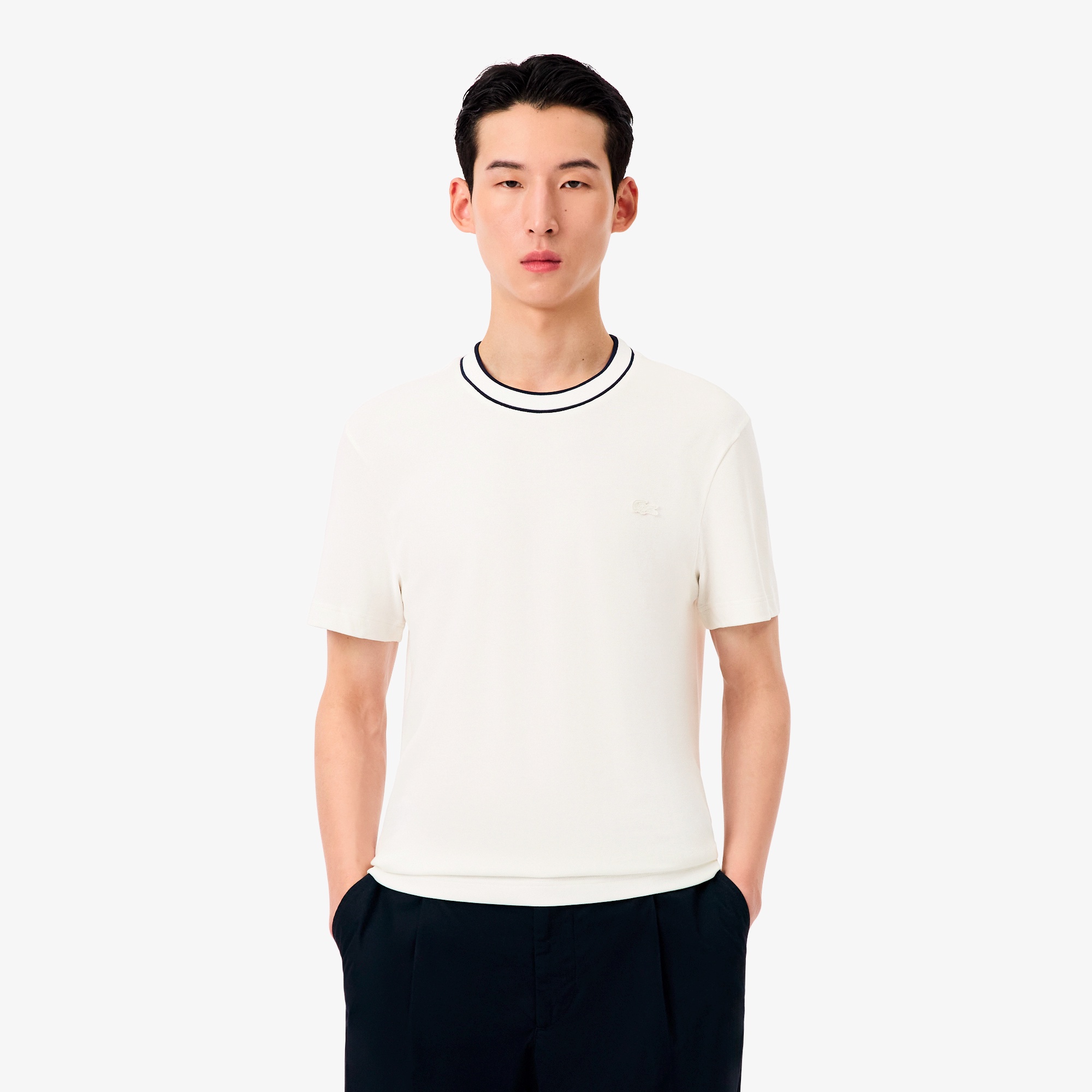 ラインドリブネック鹿の子地Tシャツ