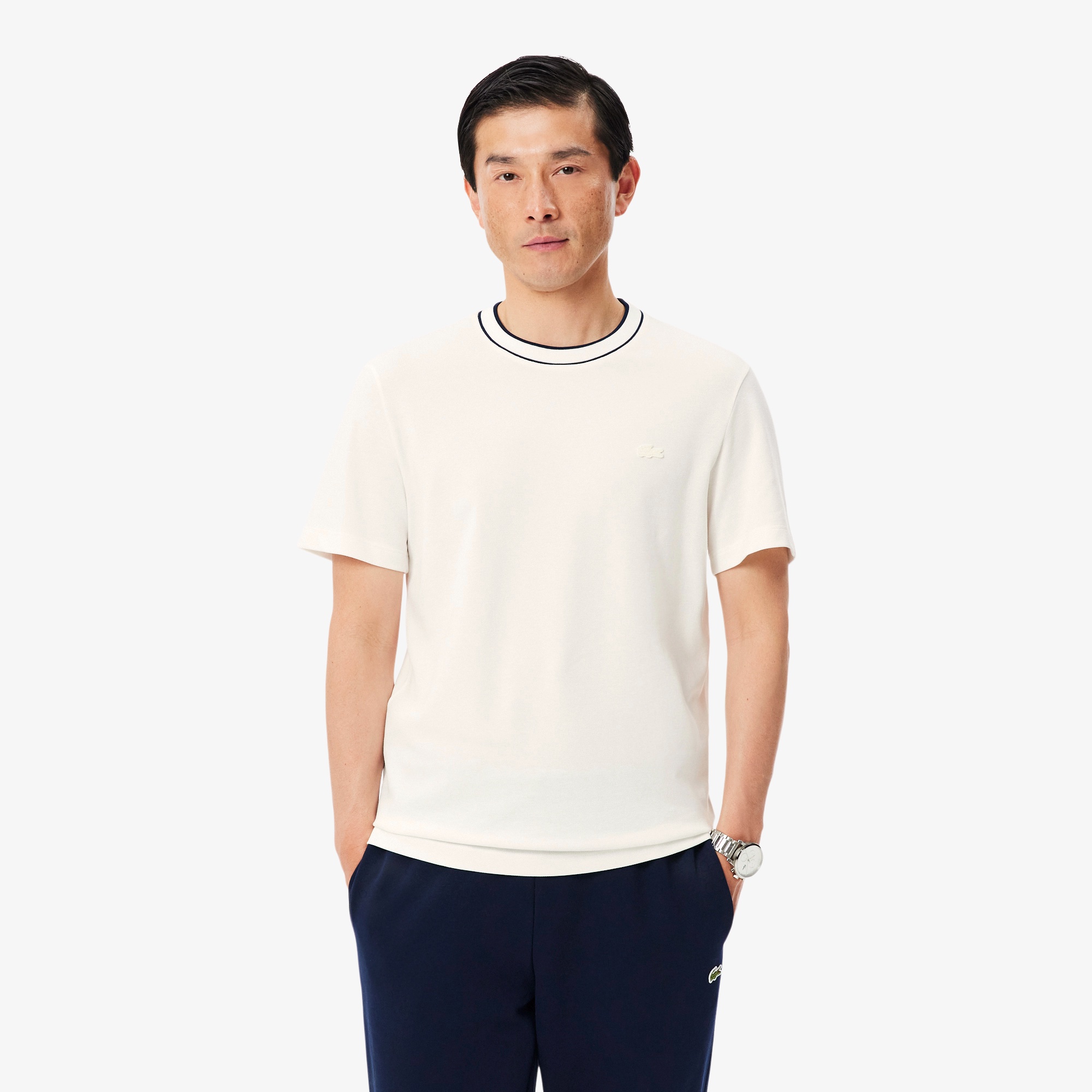 ラインドリブネック鹿の子地Tシャツ