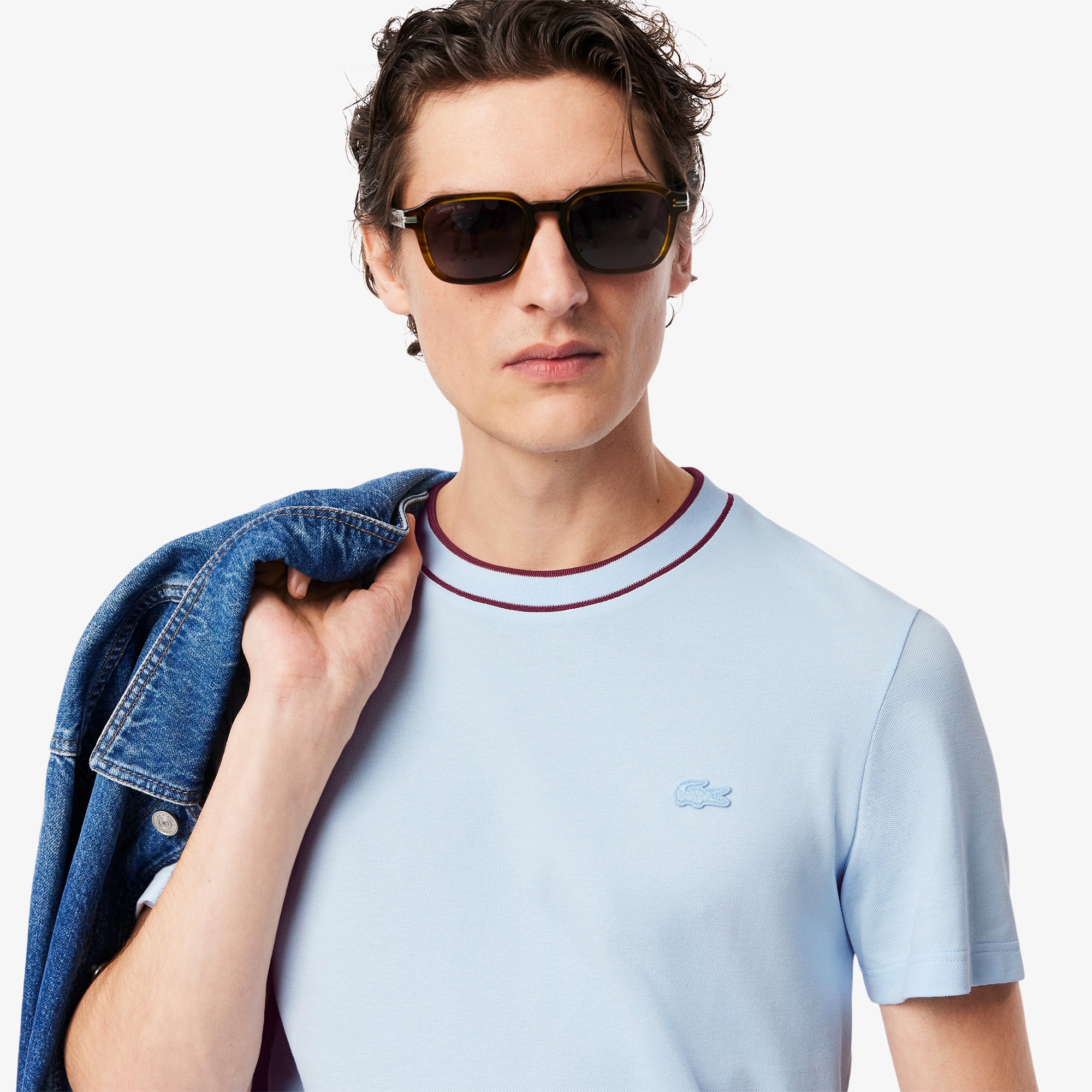 ラインドリブネック鹿の子地Tシャツ