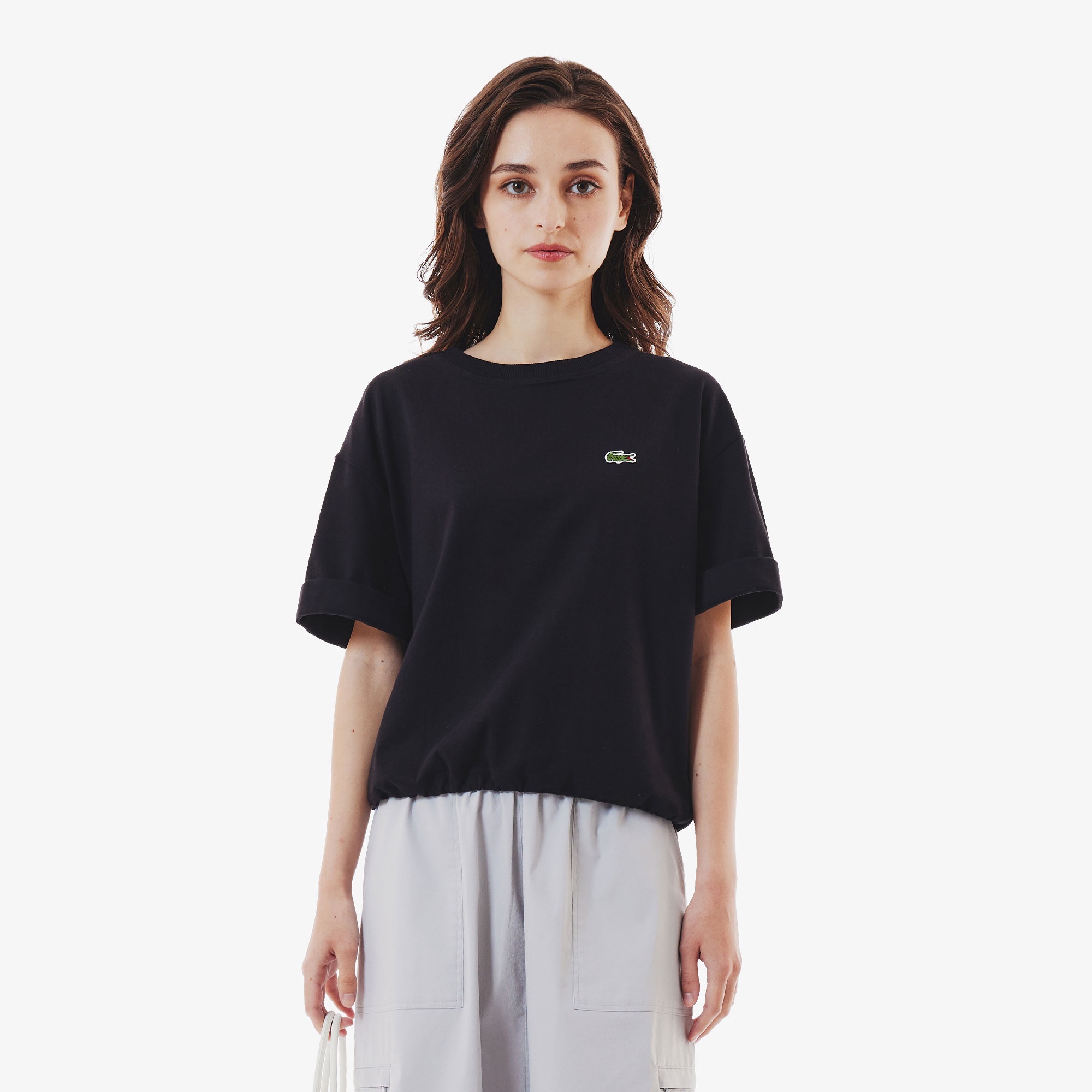 裾口ドローストリング入りクロップドTシャツ