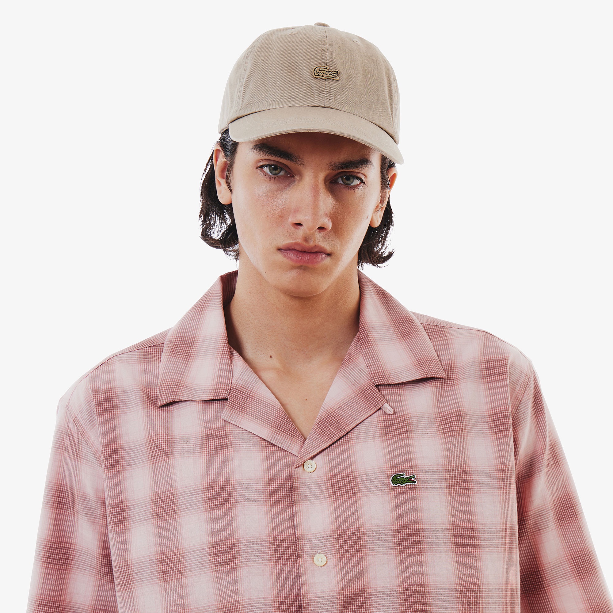 リネンブレンドオープンカラーオンブレチェックシャツ