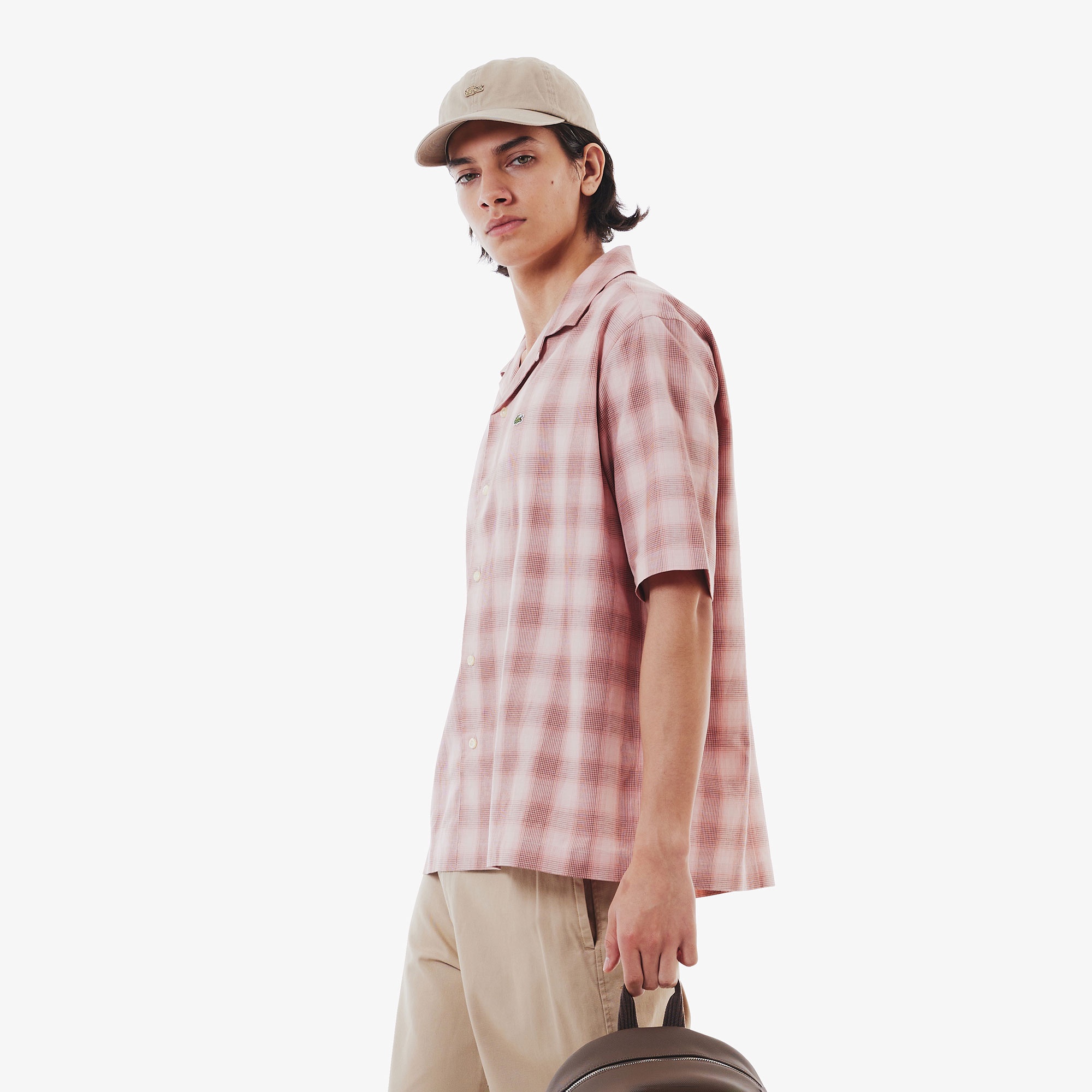 リネンブレンドオープンカラーオンブレチェックシャツ