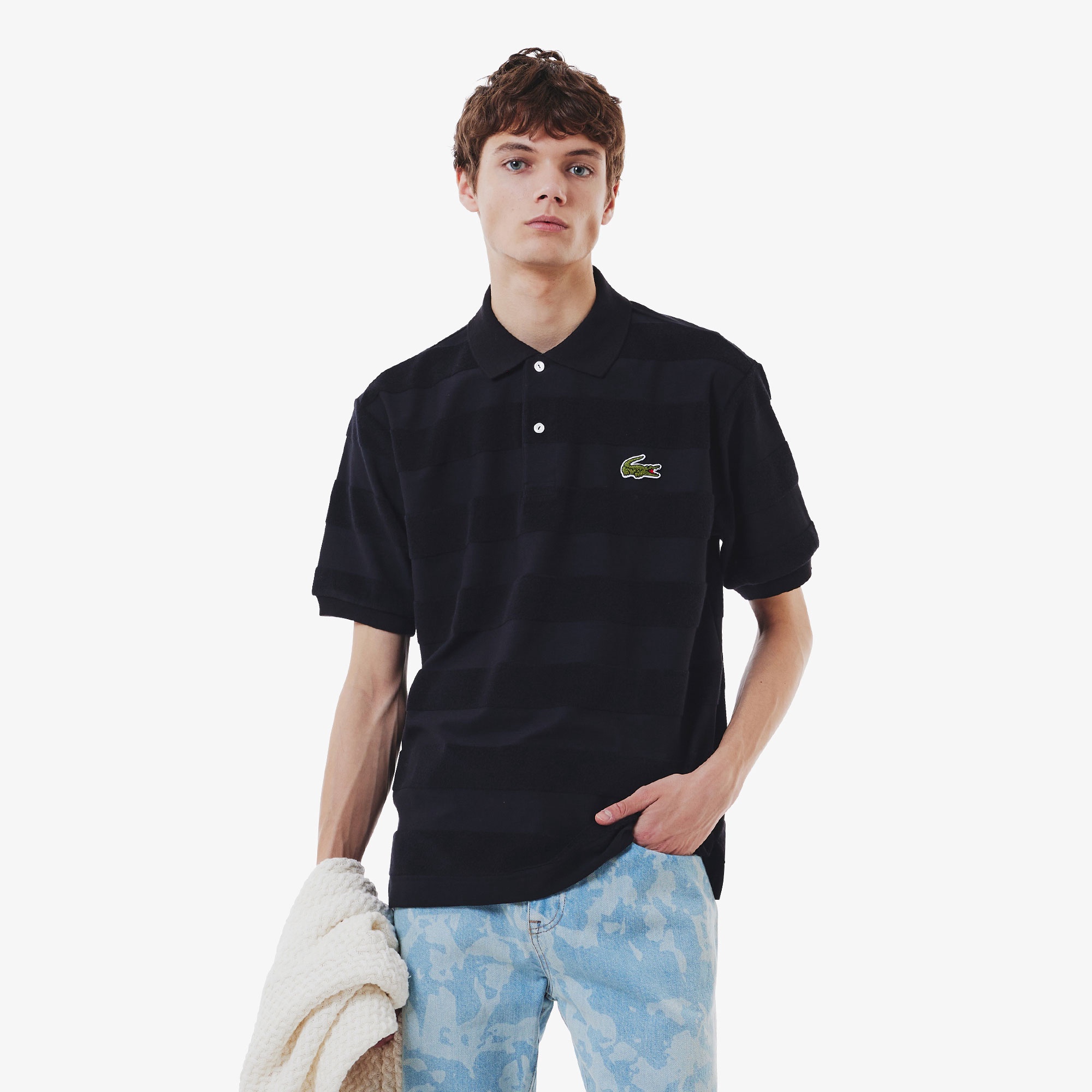 パイル地切り替え同色ボーダーポロシャツ