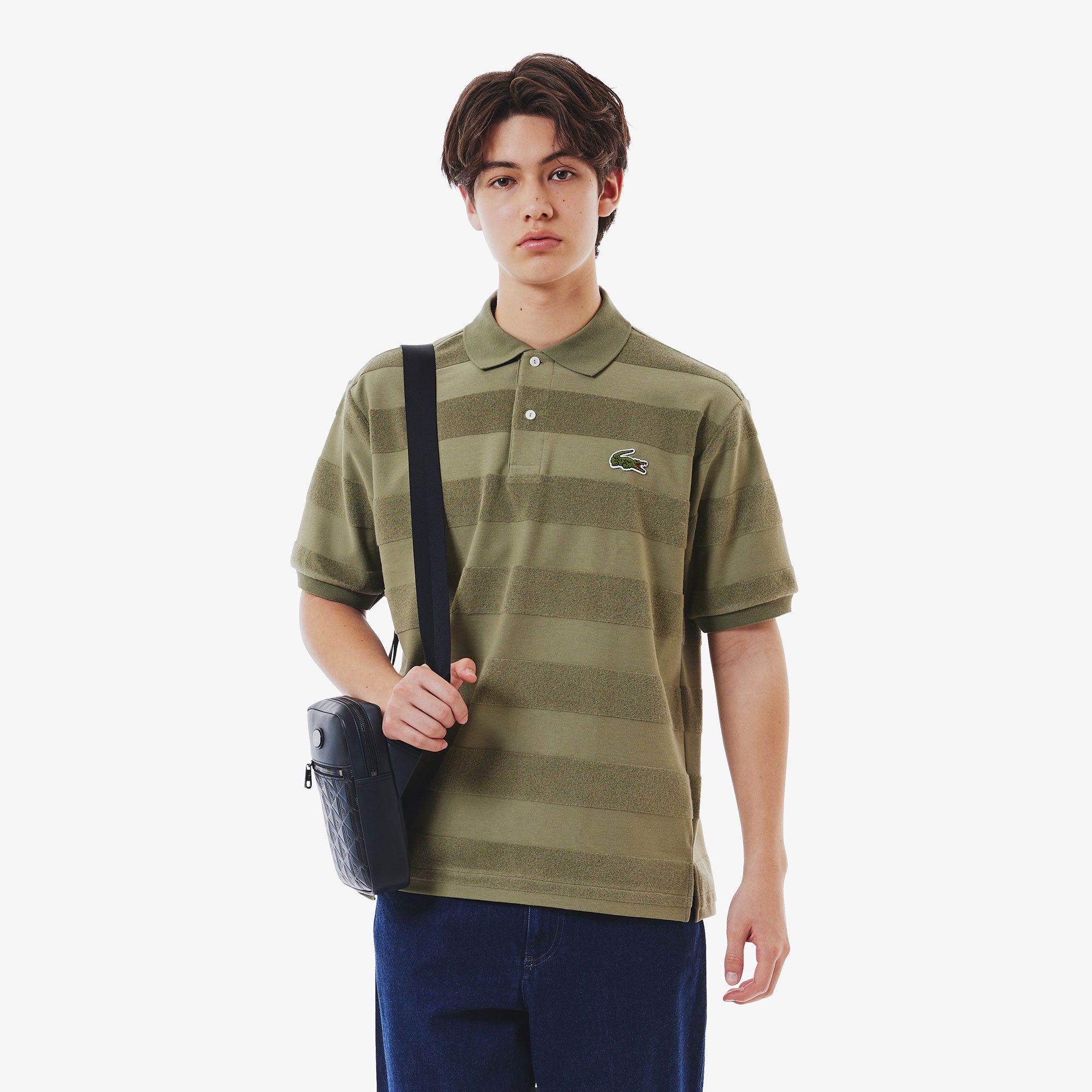 パイル地切り替え同色ボーダーポロシャツ