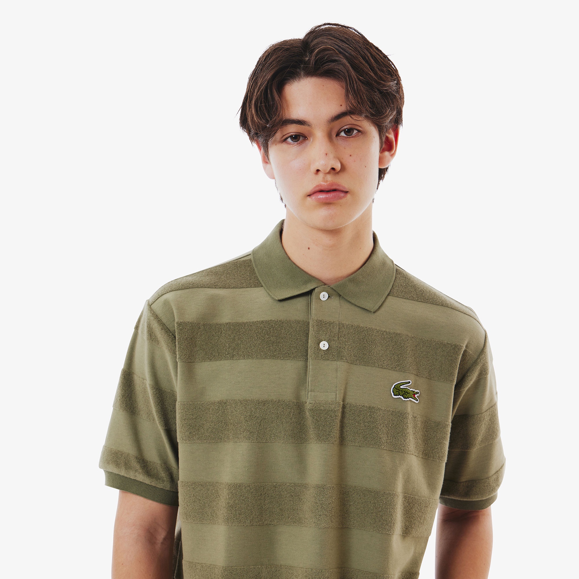 パイル地切り替え同色ボーダーポロシャツ