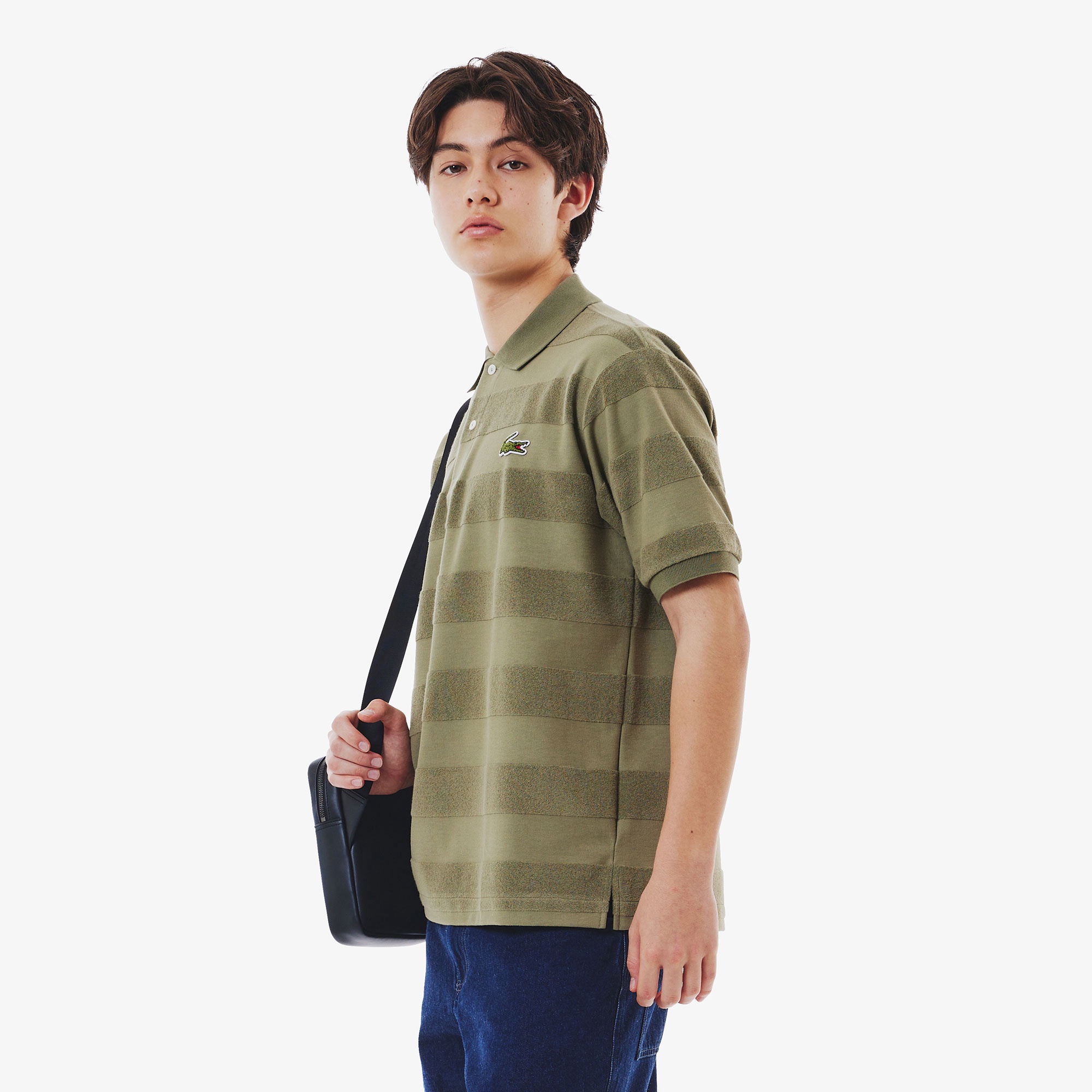 パイル地切り替え同色ボーダーポロシャツ