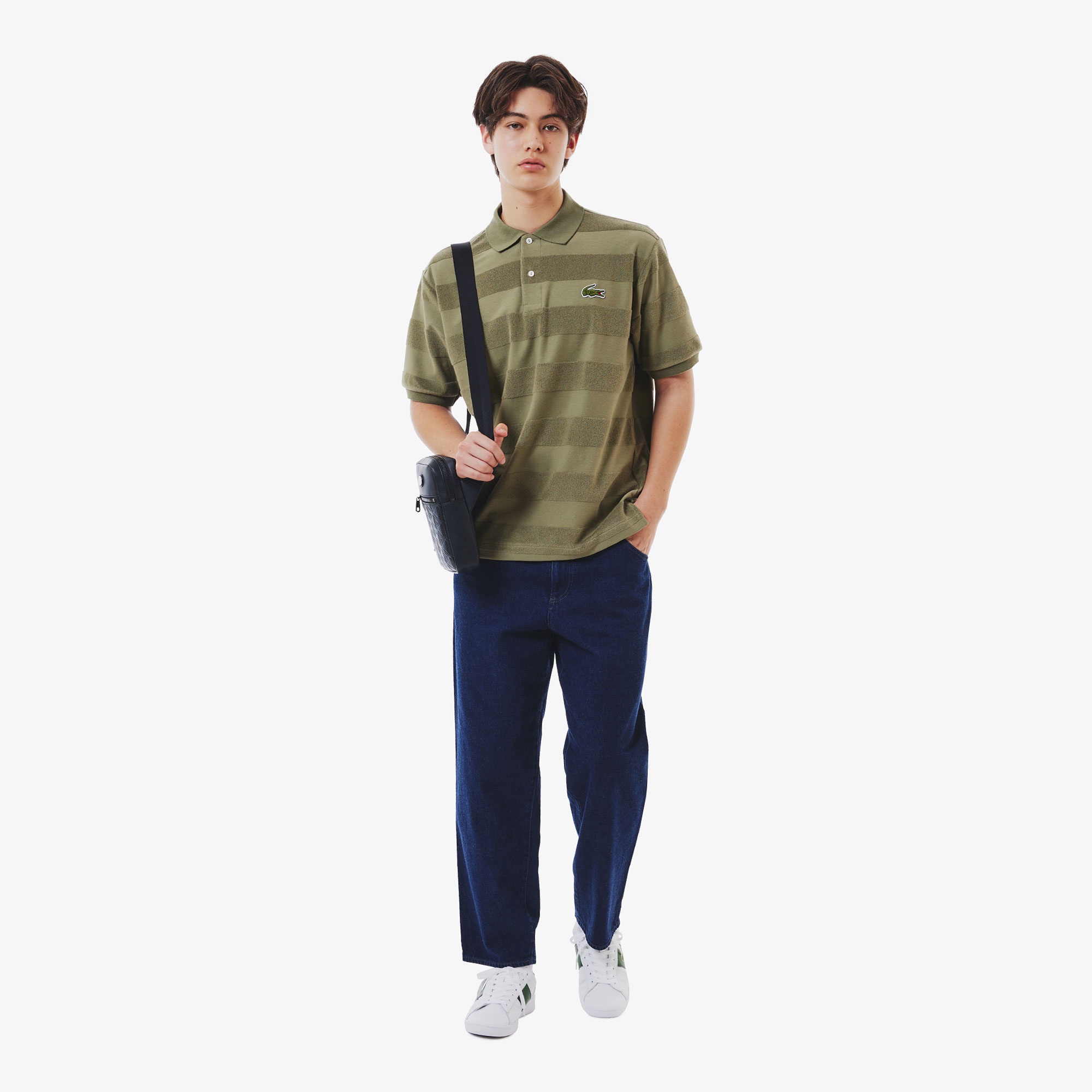 パイル地切り替え同色ボーダーポロシャツ