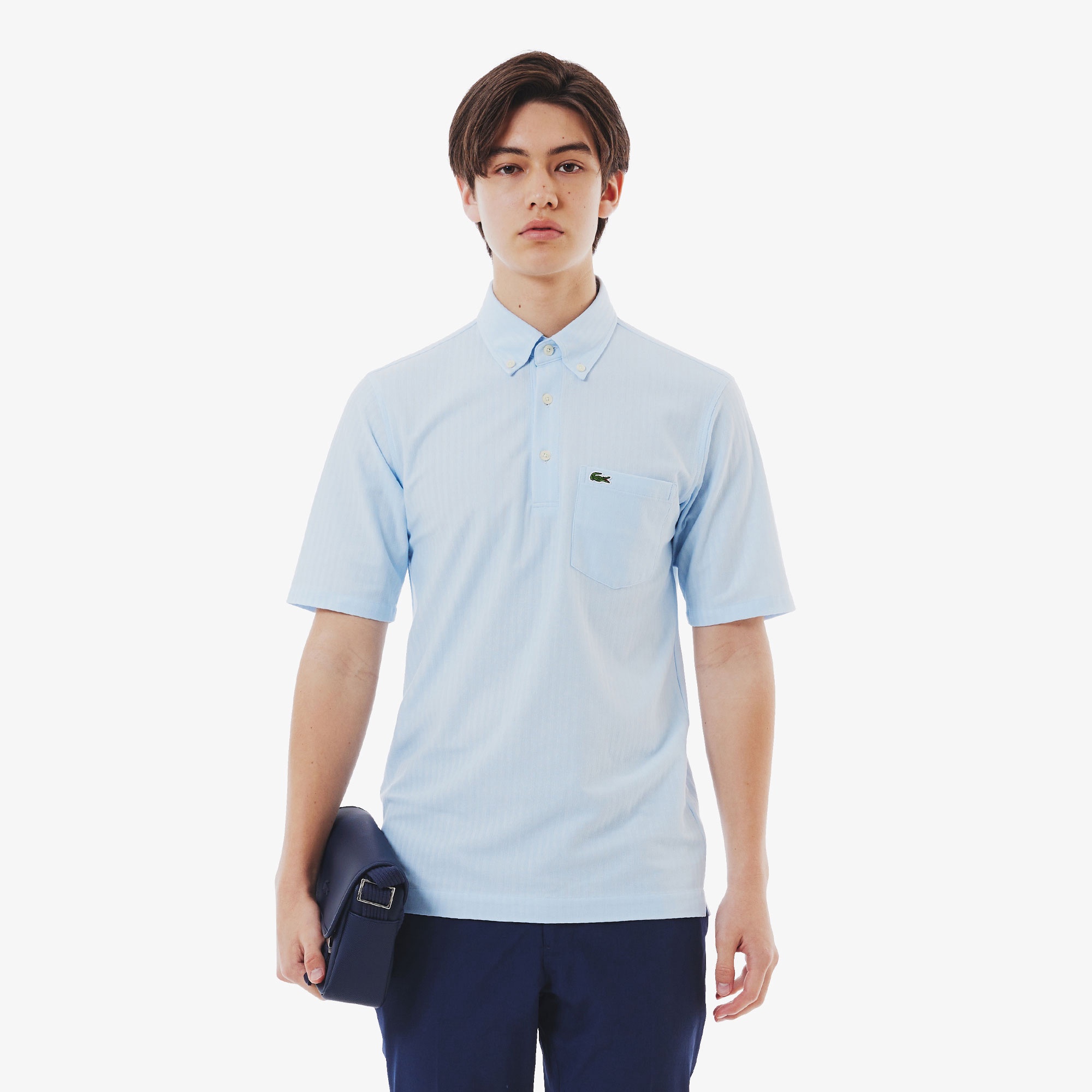 鹿の子地切り替え同色ストライプボタンダウンポロシャツ