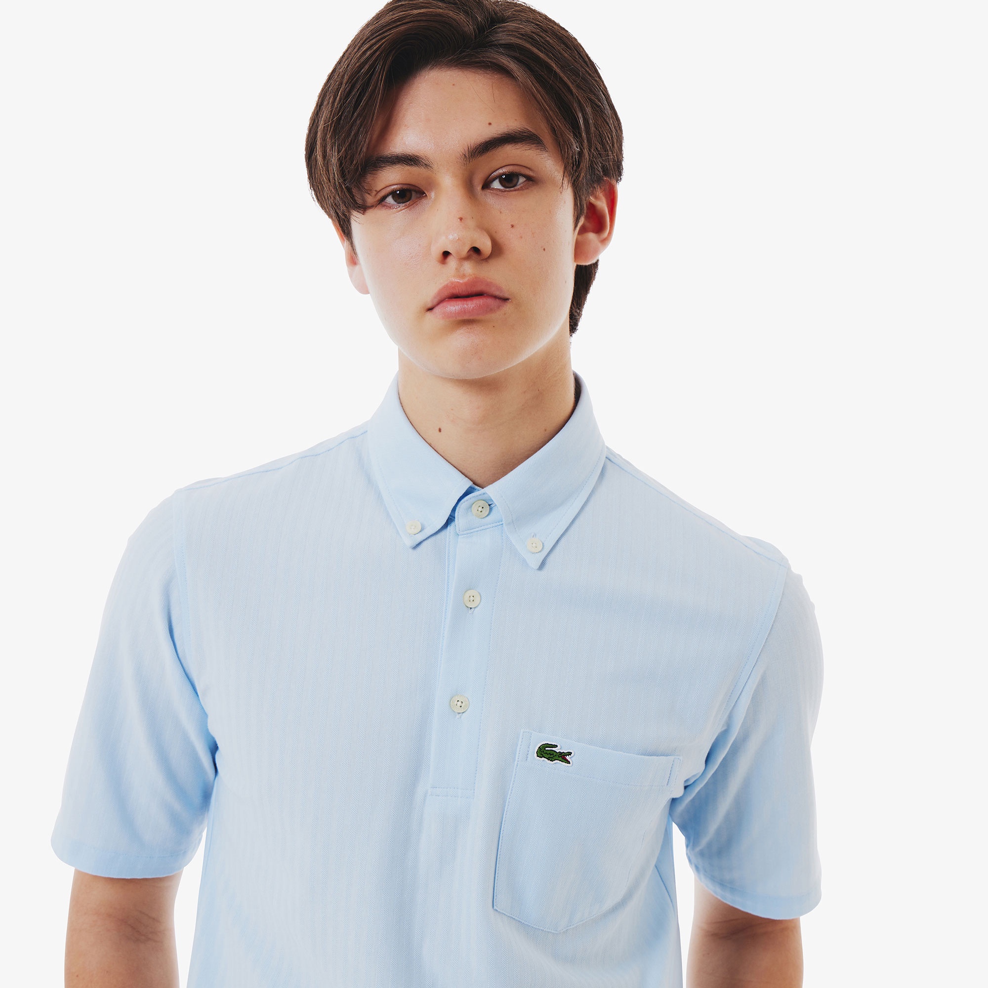 鹿の子地切り替え同色ストライプボタンダウンポロシャツ