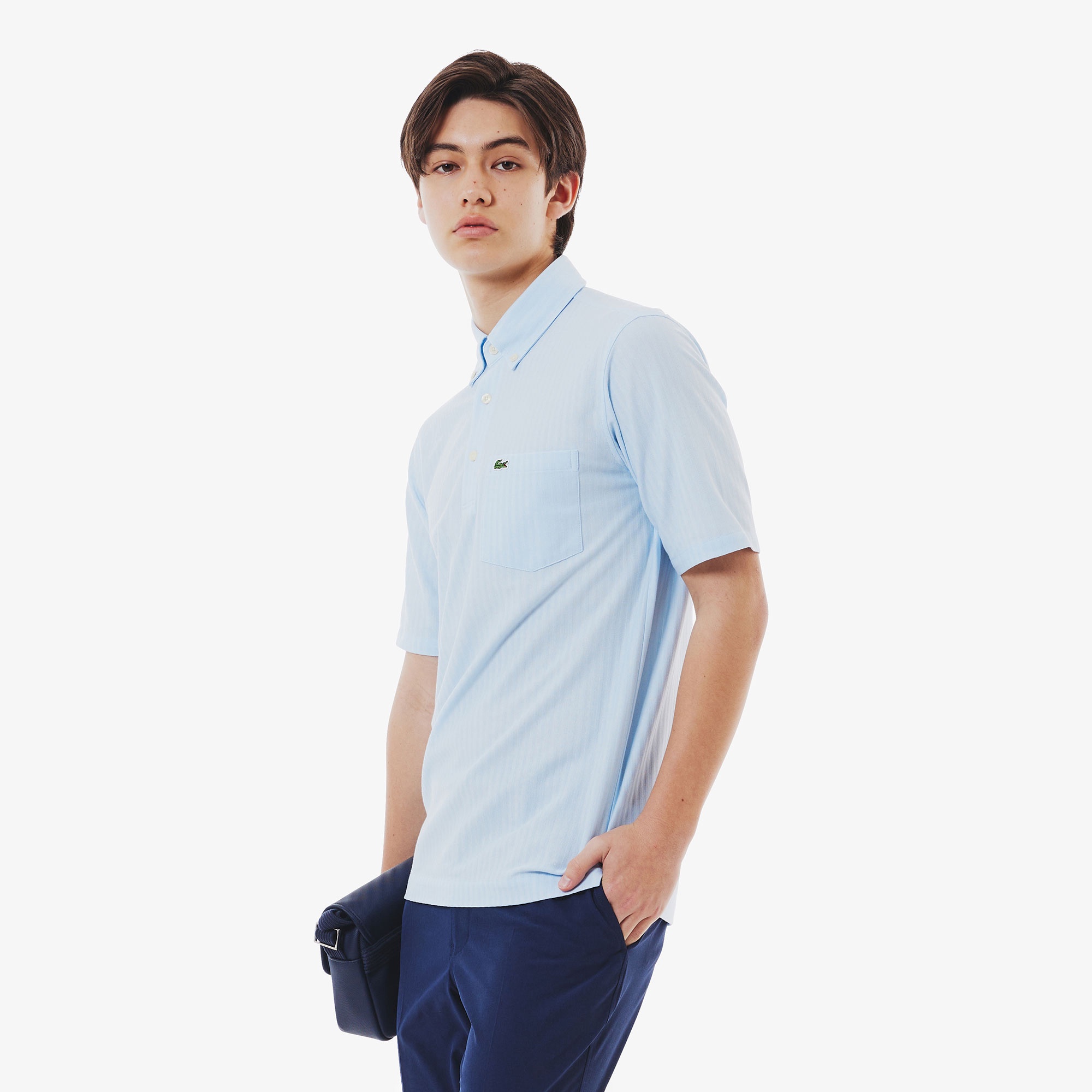 鹿の子地切り替え同色ストライプボタンダウンポロシャツ