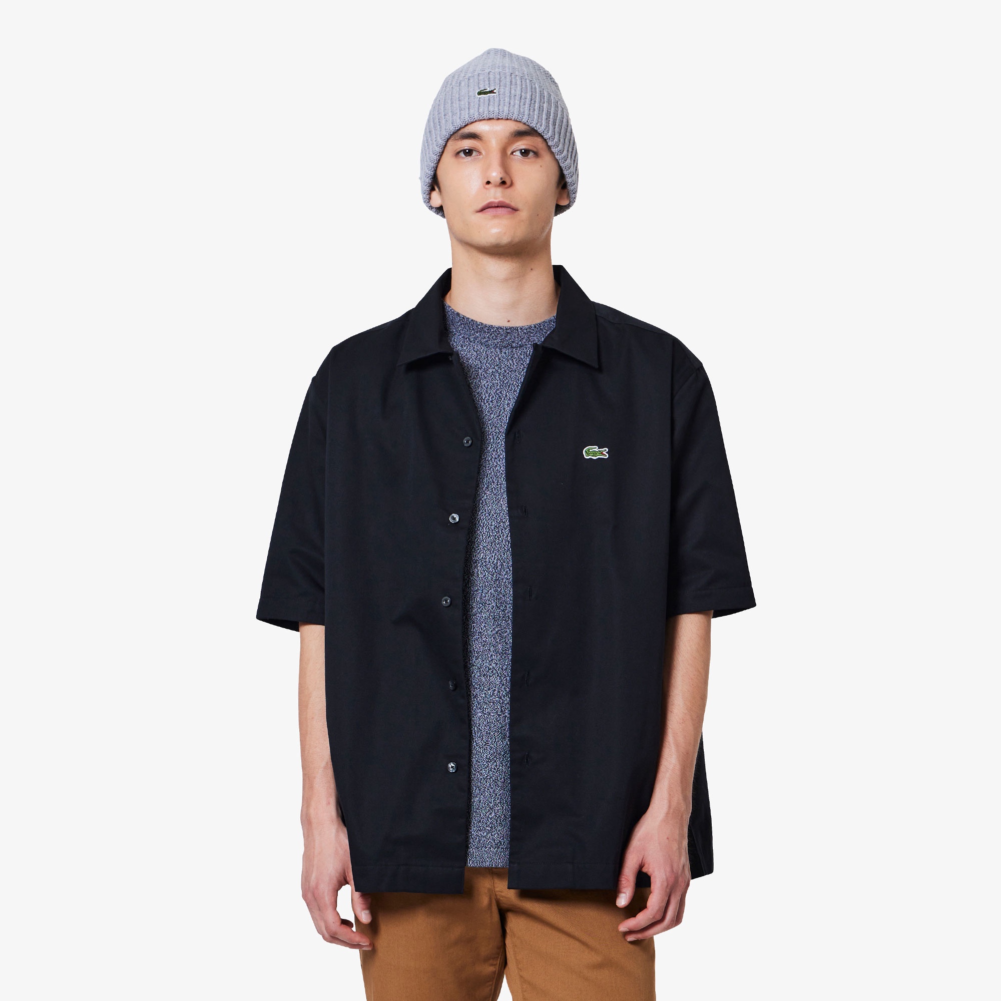 L★美品★LACOSTE★オープンカラーシャツ★ブラック★COOLMAX★半袖 クールマックスブレンド鹿の子地半袖シャツ CH719EL - ラコステ