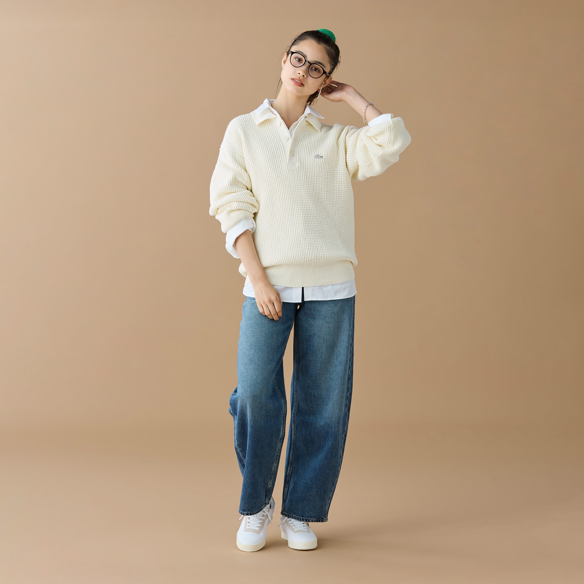 ワッフルニットポロセーター