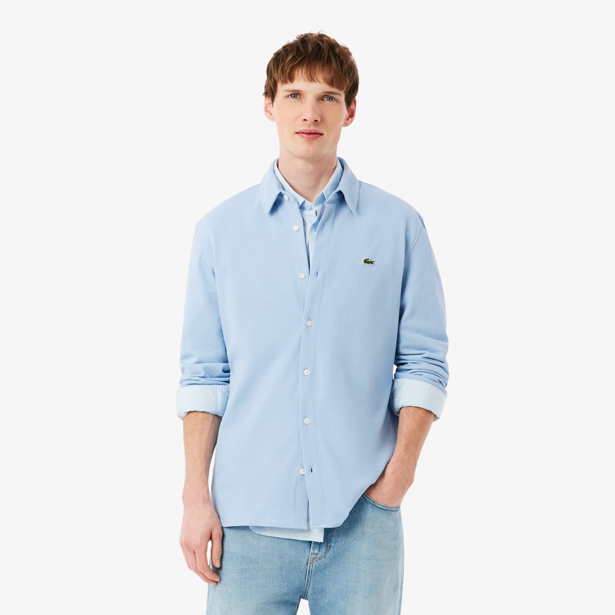 スリムフィット鹿の子地シャツ