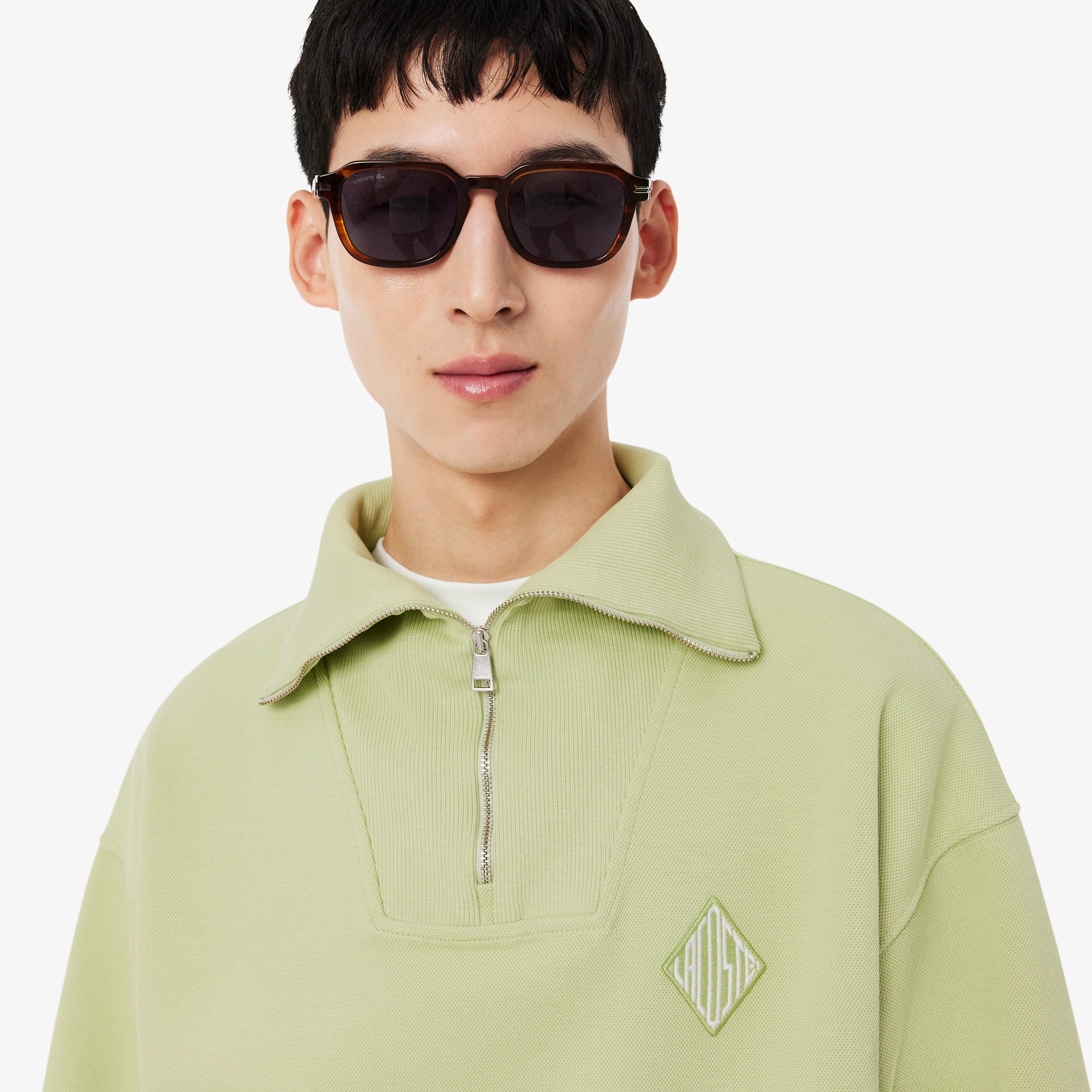 ルーズフィット ジップネック鹿の子地プルオーバー