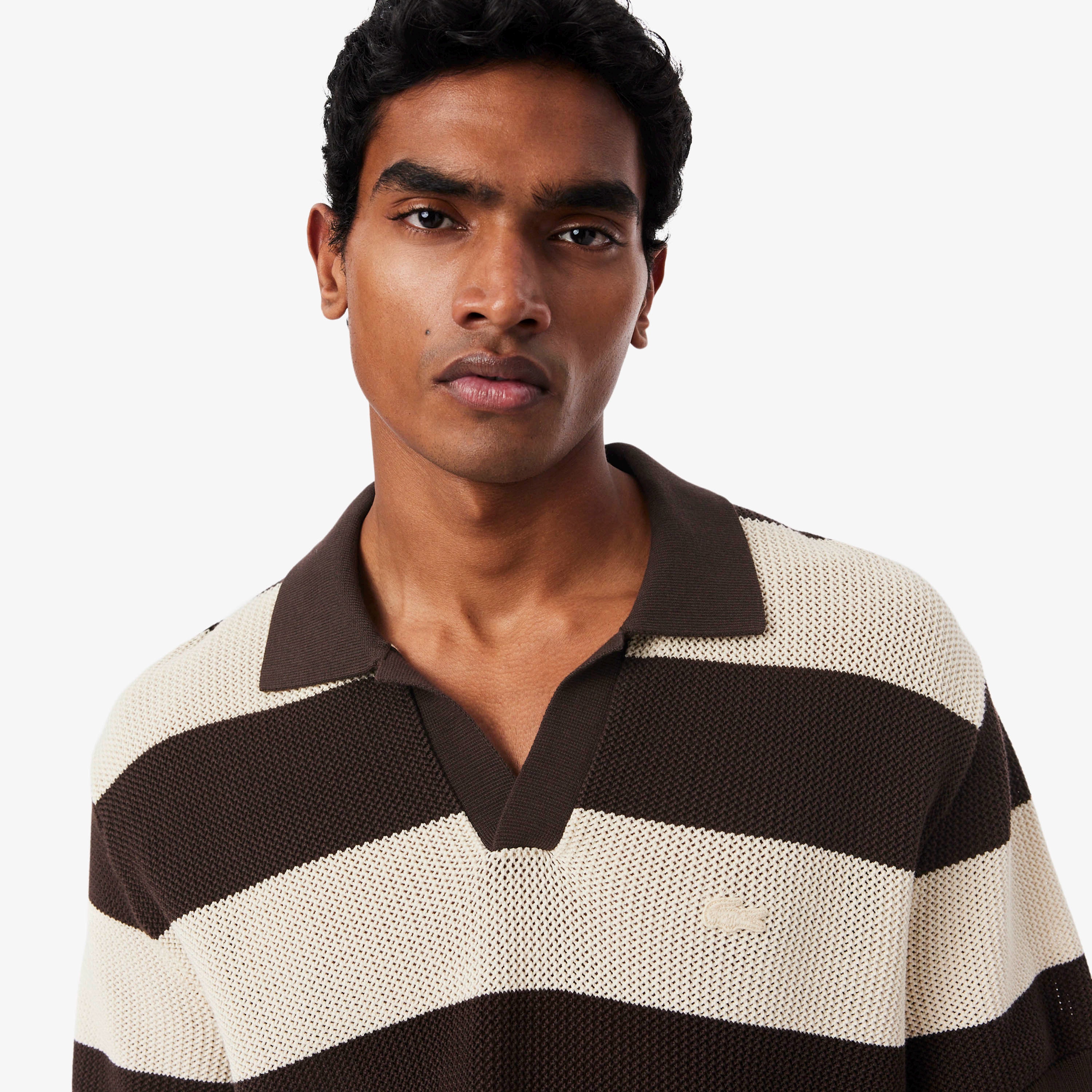 ボーダーメッシュニットスキッパーポロシャツ