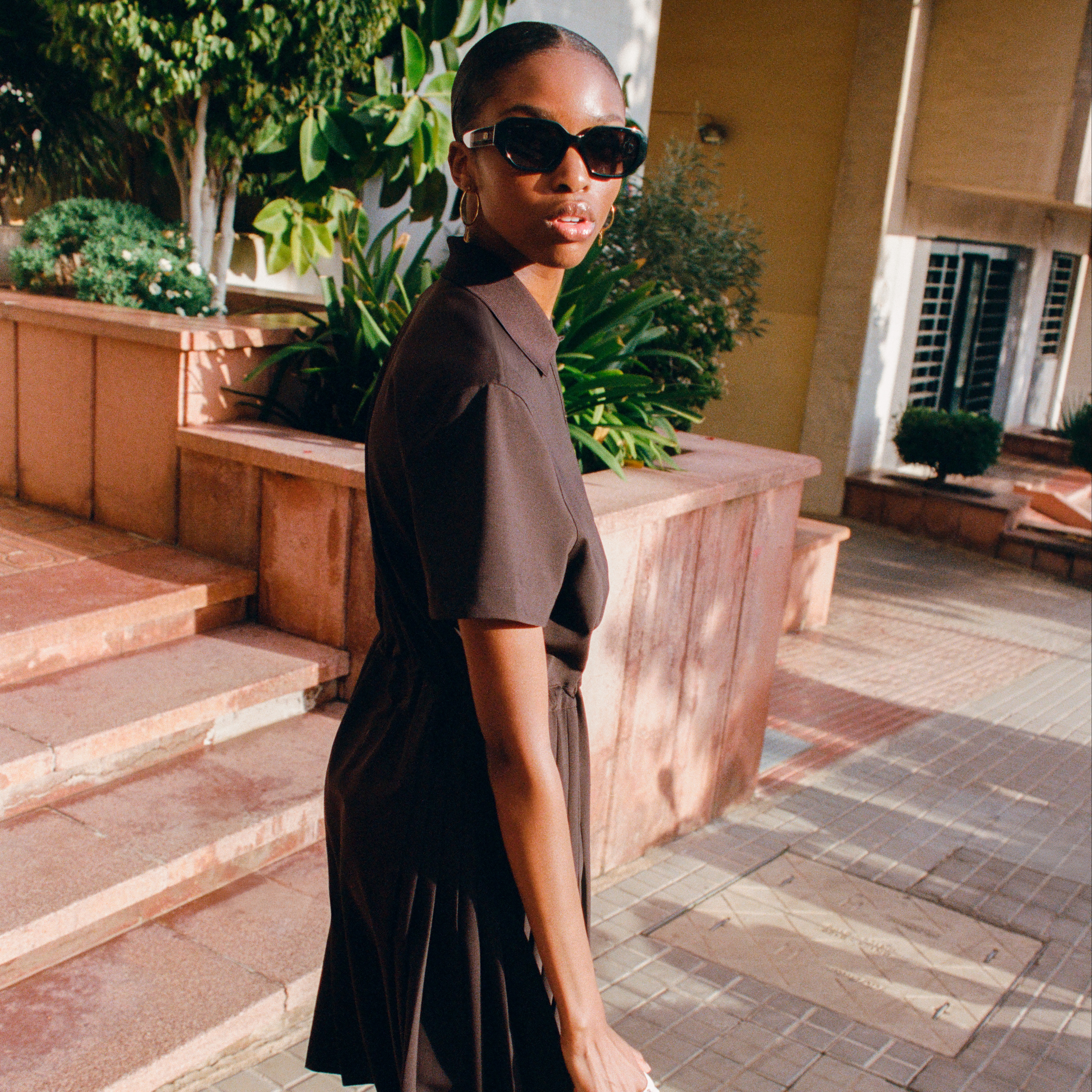 ウールブレンド サイドプリーツポロドレス