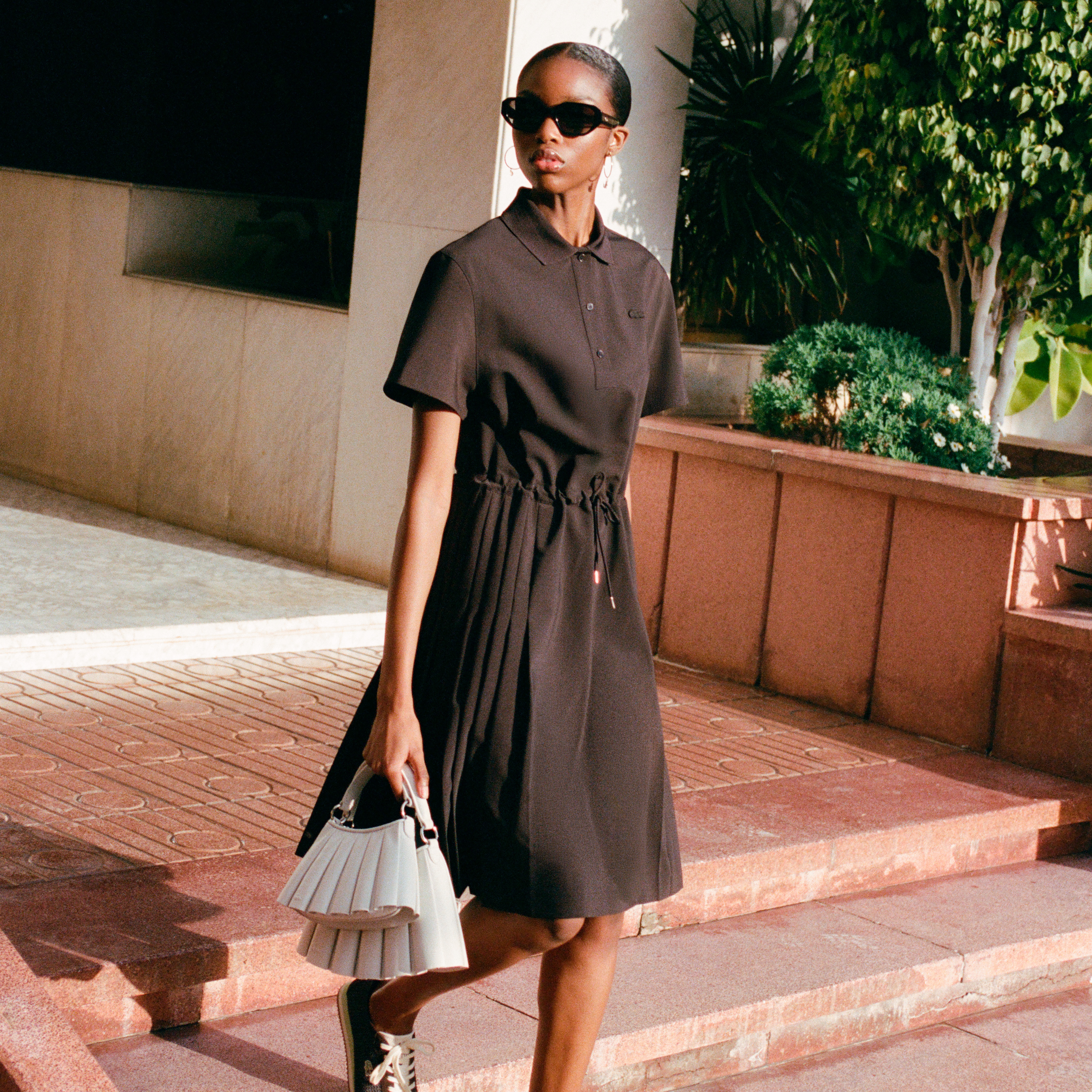 ウールブレンド サイドプリーツポロドレス