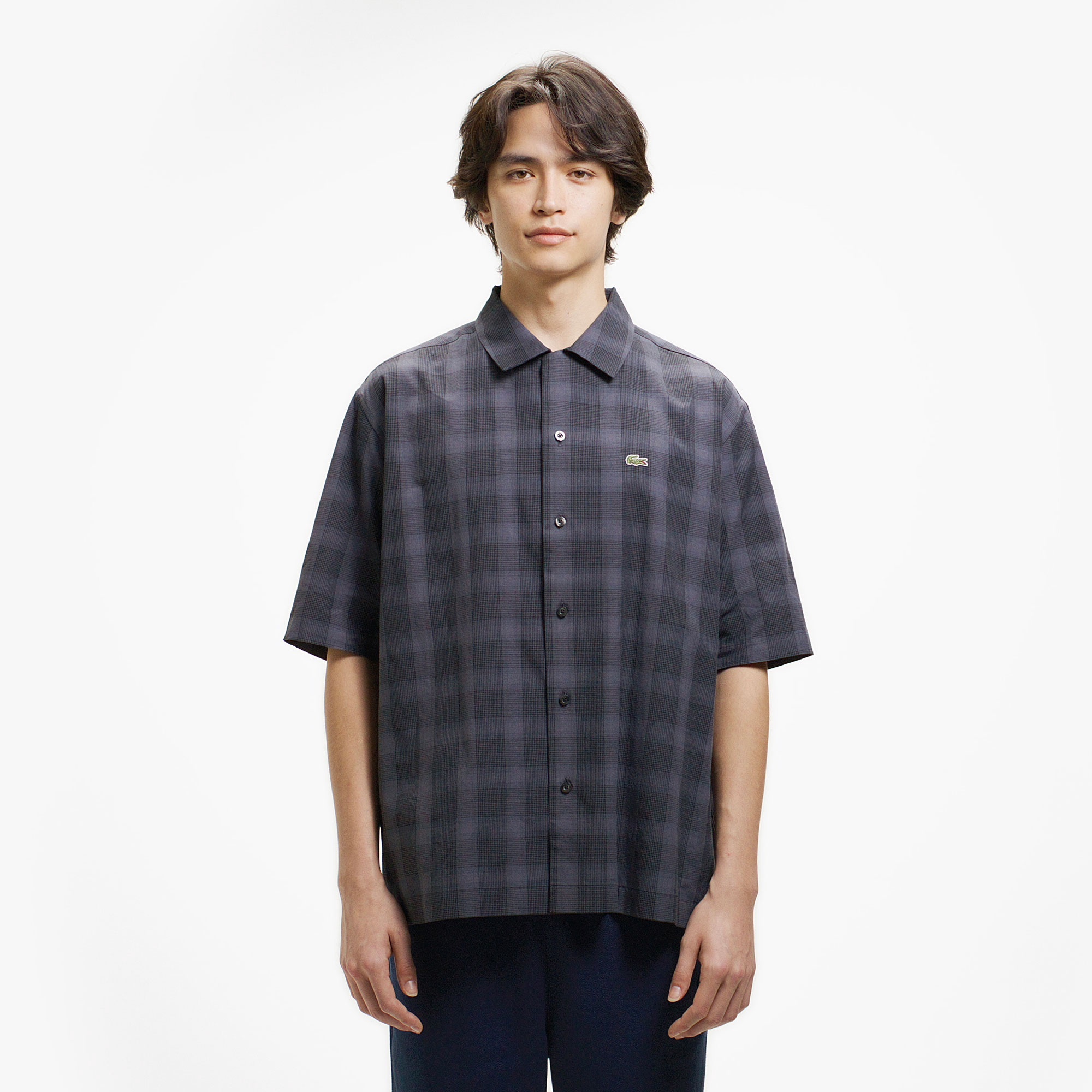 リネンブレンドオープンカラーオンブレチェックシャツ