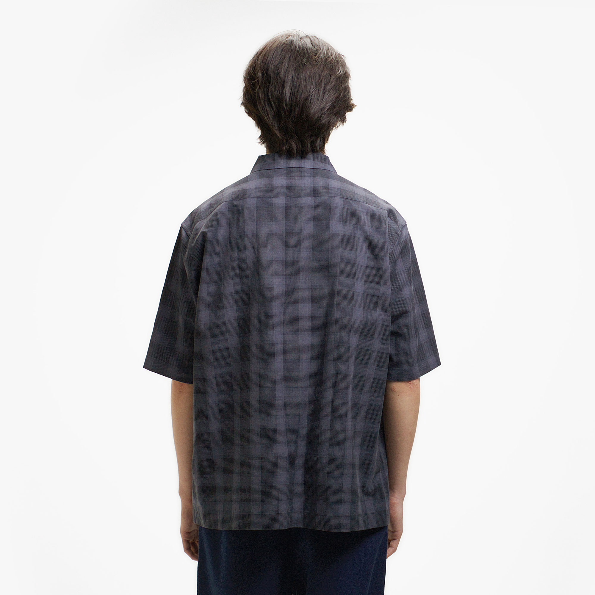 リネンブレンドオープンカラーオンブレチェックシャツ