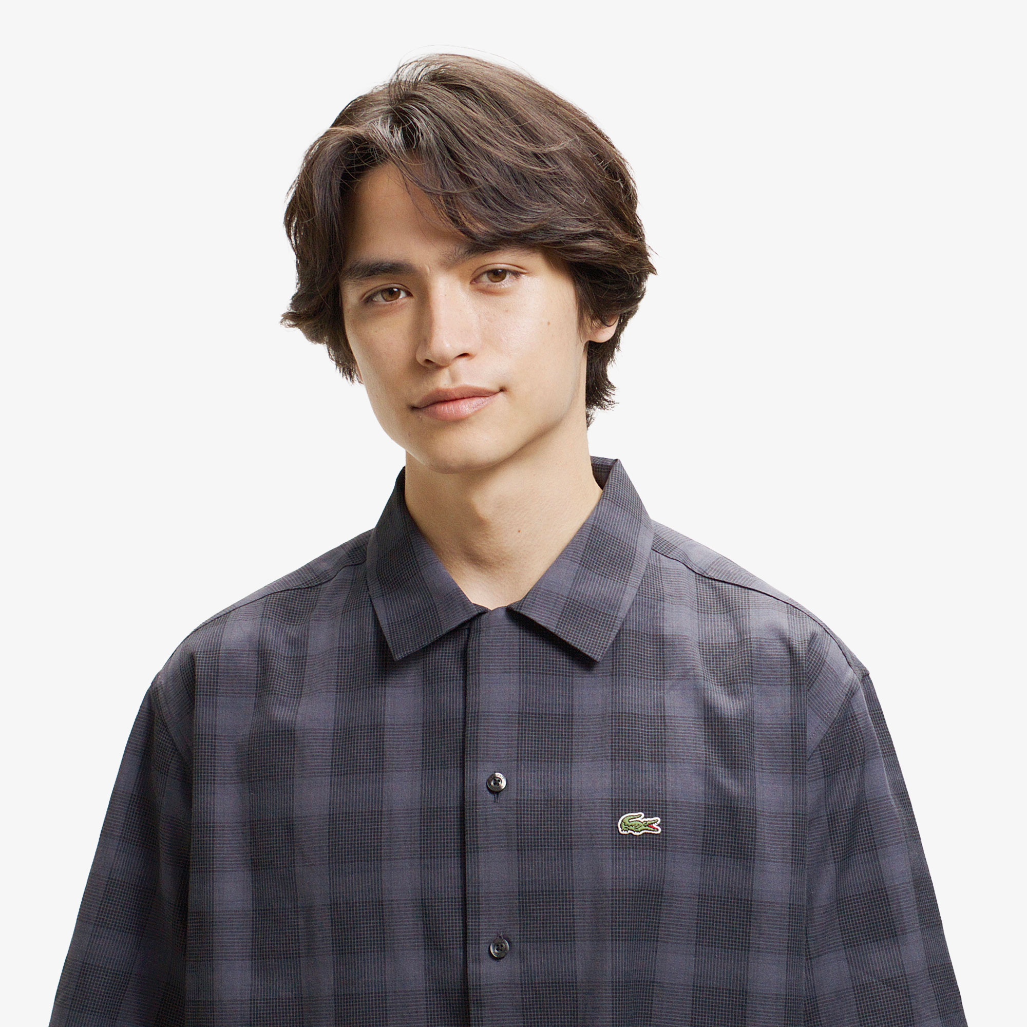 リネンブレンドオープンカラーオンブレチェックシャツ