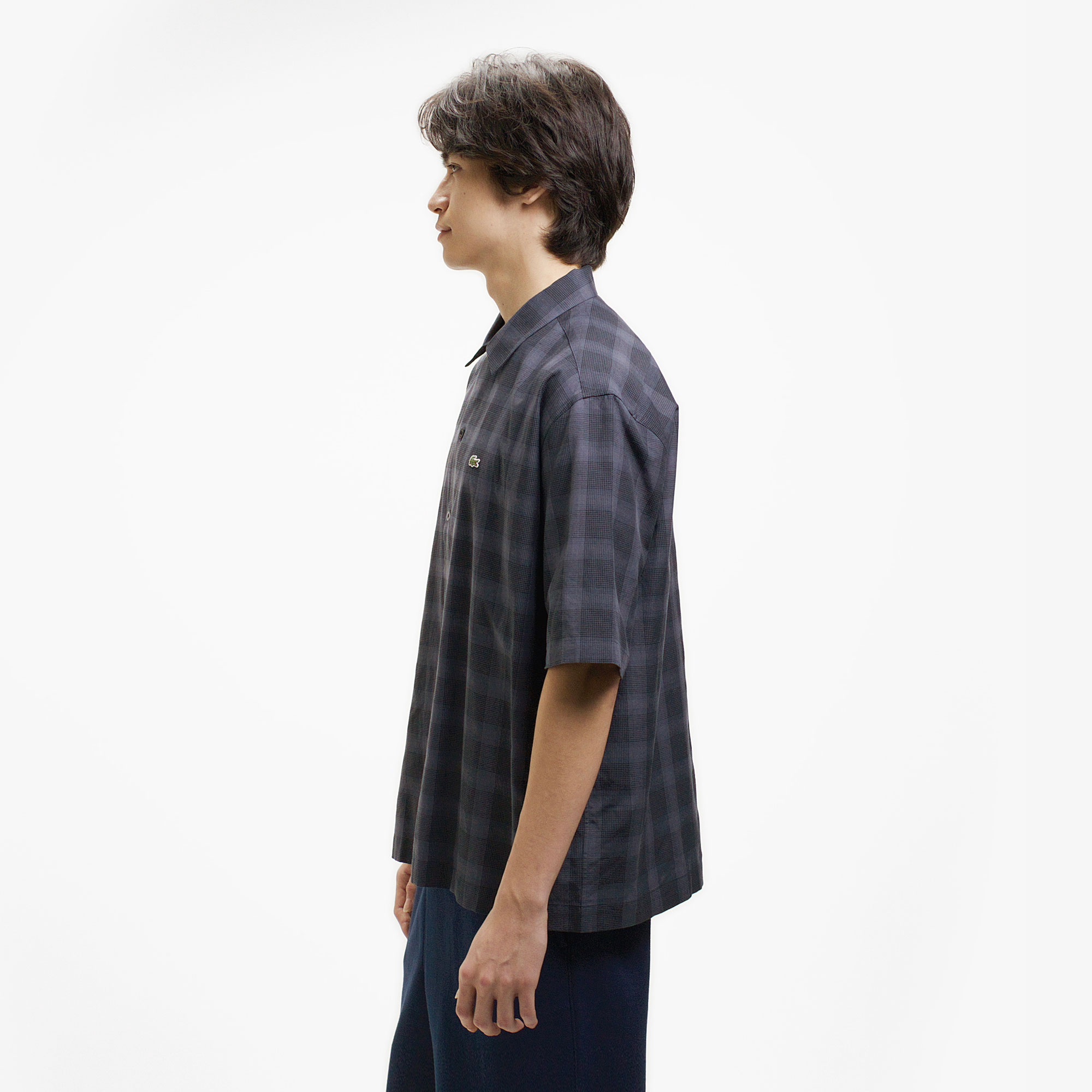 リネンブレンドオープンカラーオンブレチェックシャツ